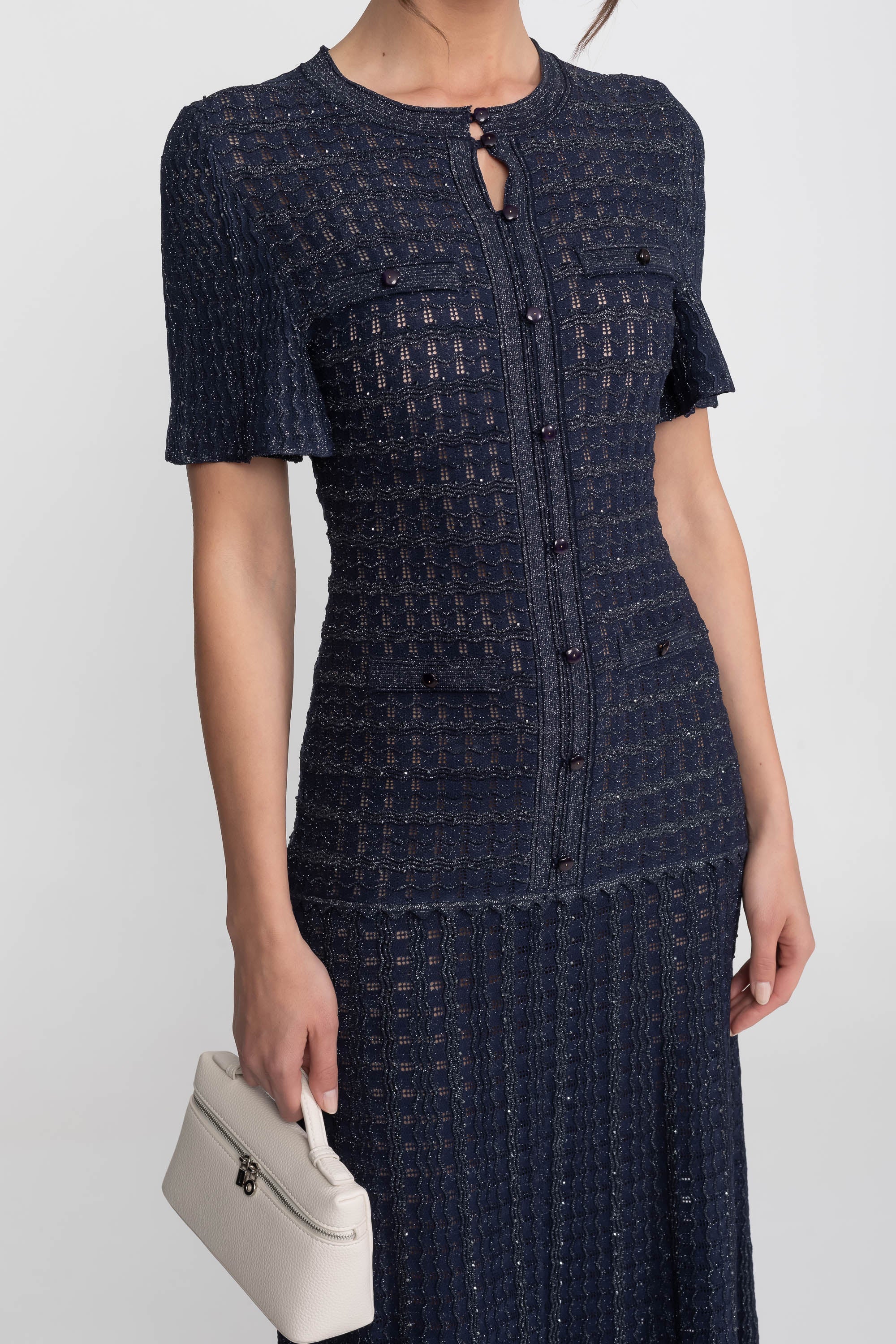 Robe Midi à Manches Courtes avec Texture Tricotée Scintillante - Navy