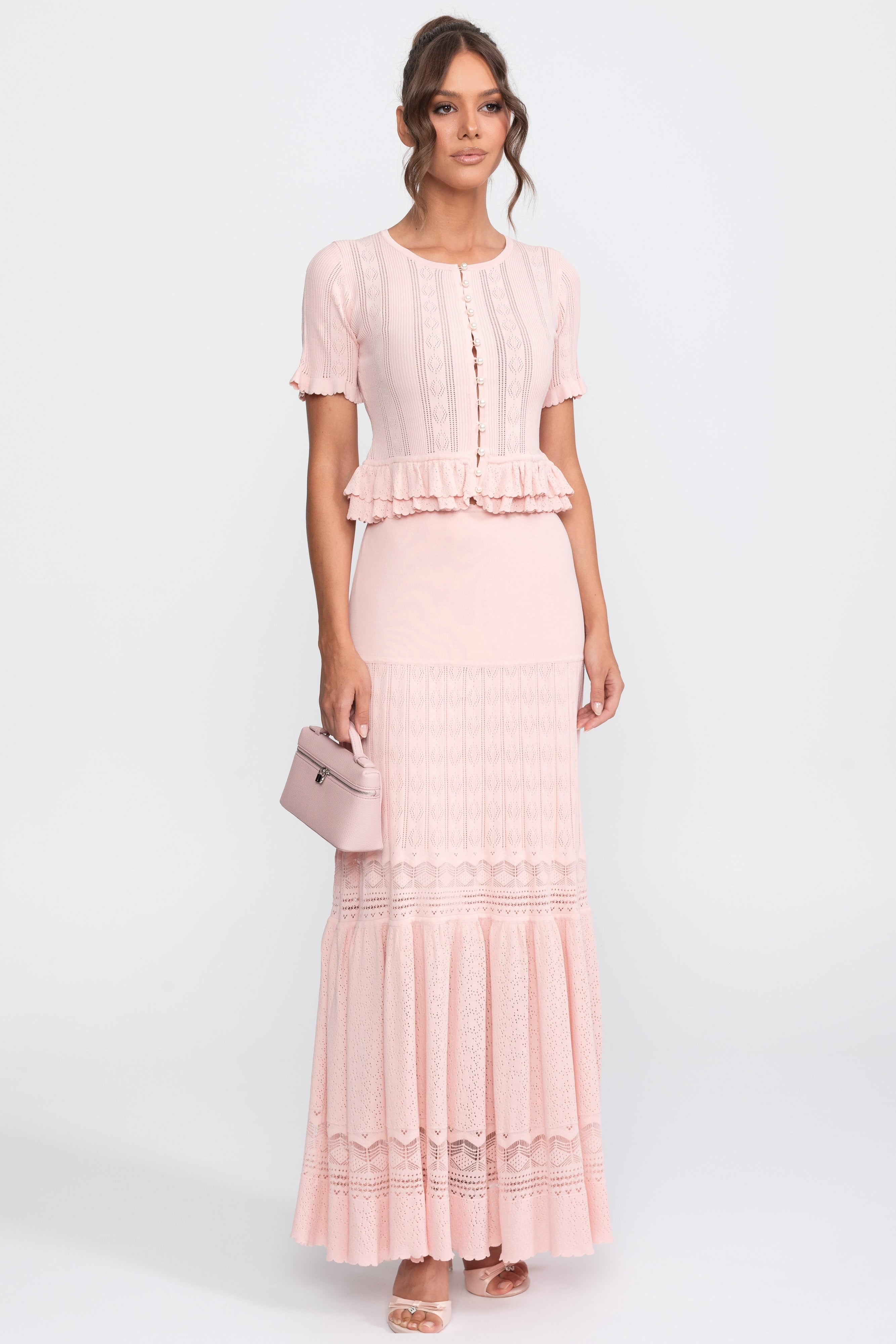Ensemble coordonné en maille deux pièces avec taille à volants - Pink