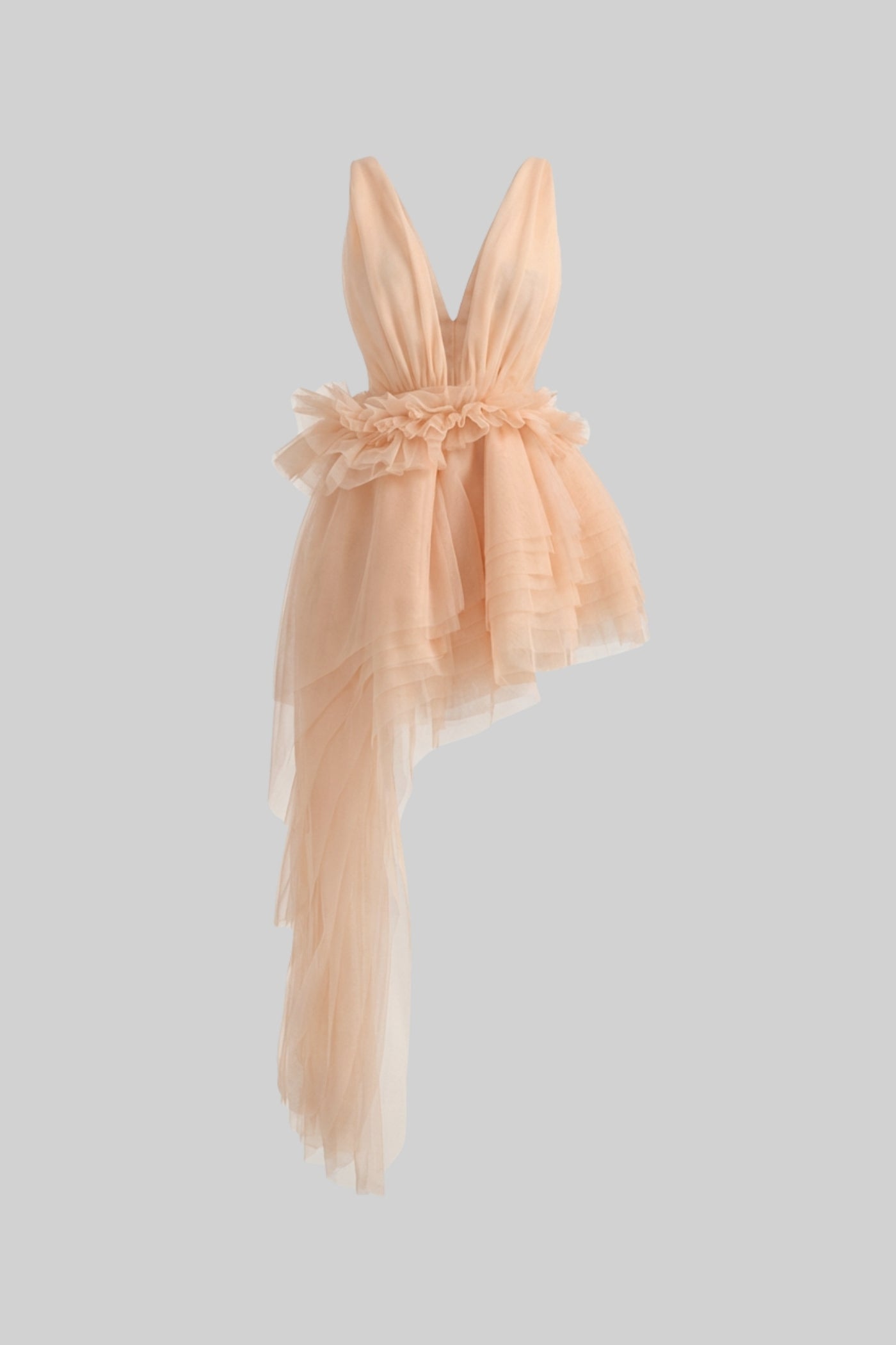 Robe Mini Sans Manches Décolletée Avec Traîne Asymétrique en Tulle - Champagne