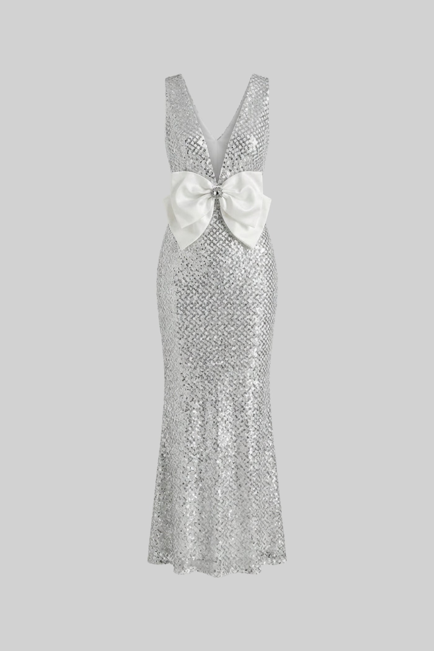 Sequin Maxi Dress With Satin Bow Detail - Light Grey