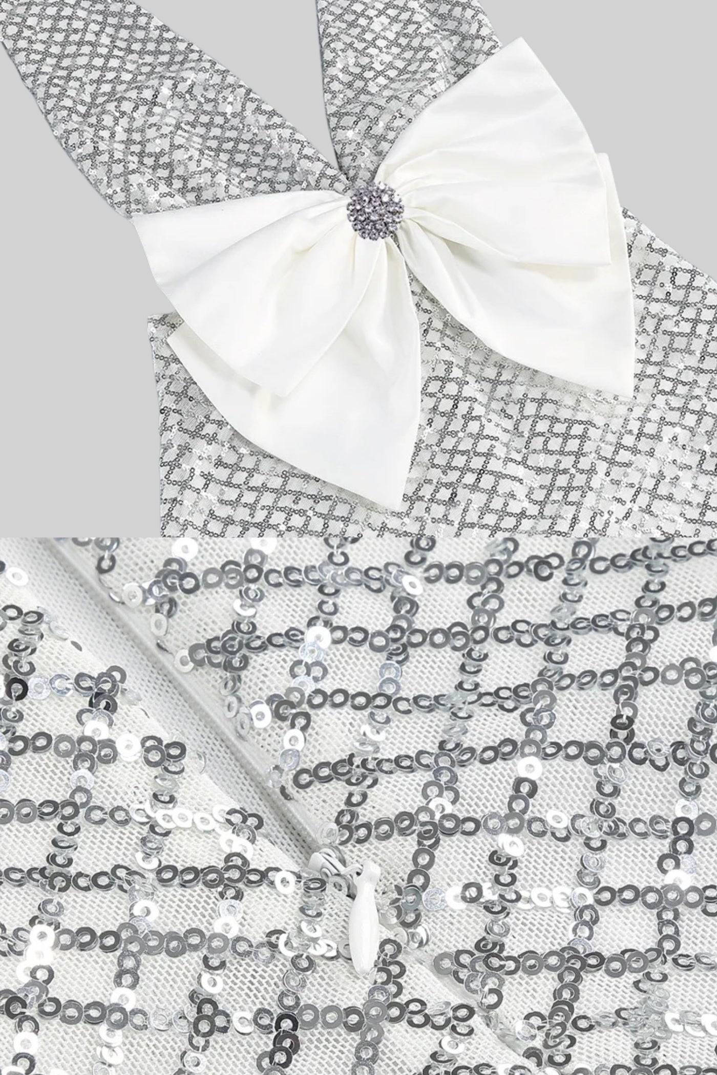 Robe Maxi à Sequins avec Détail Nœud en Satin - Gris Clair