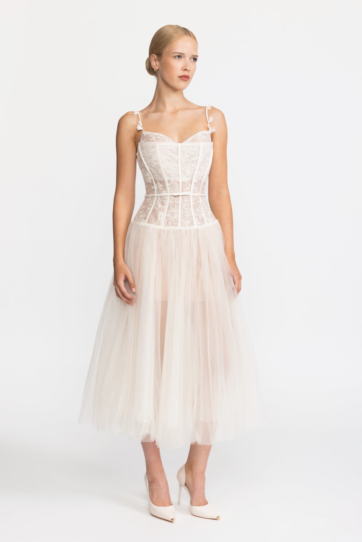 Robe midi en tulle à corset en dentelle - Beige