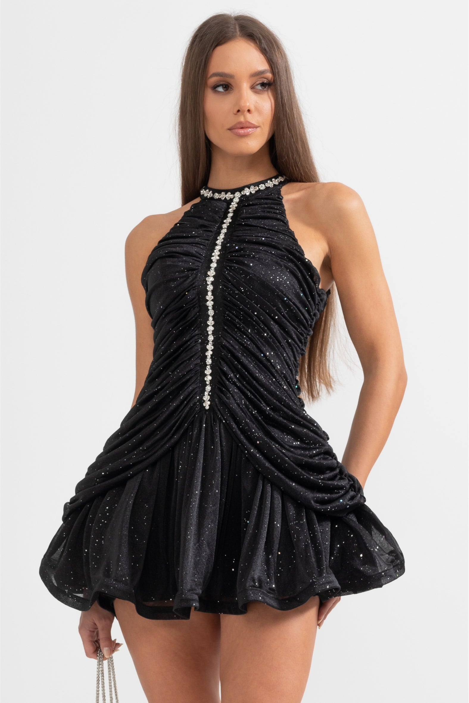 Robe sans manches à col halter avec accents de perles - Noir