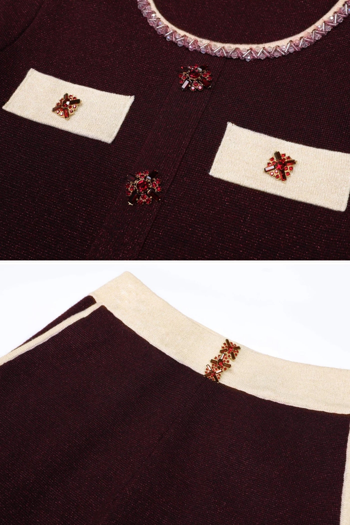 Long Sleeve Knit Co-Ord Set With Contrast Trim And Sparkling Embellishments - Burgundy