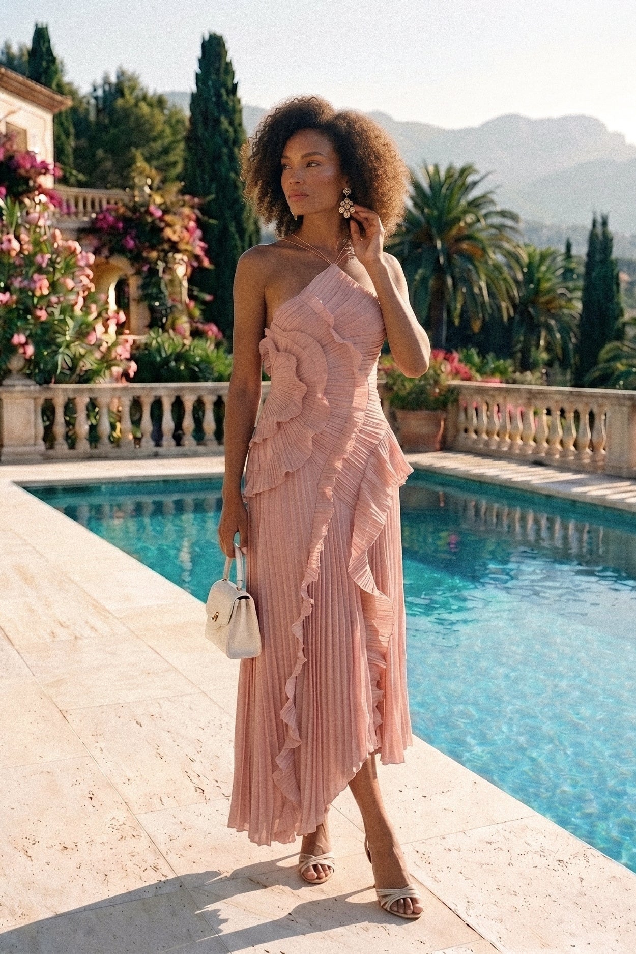 Robe midi plissée à col licou avec détails de volants en cascade - Rose