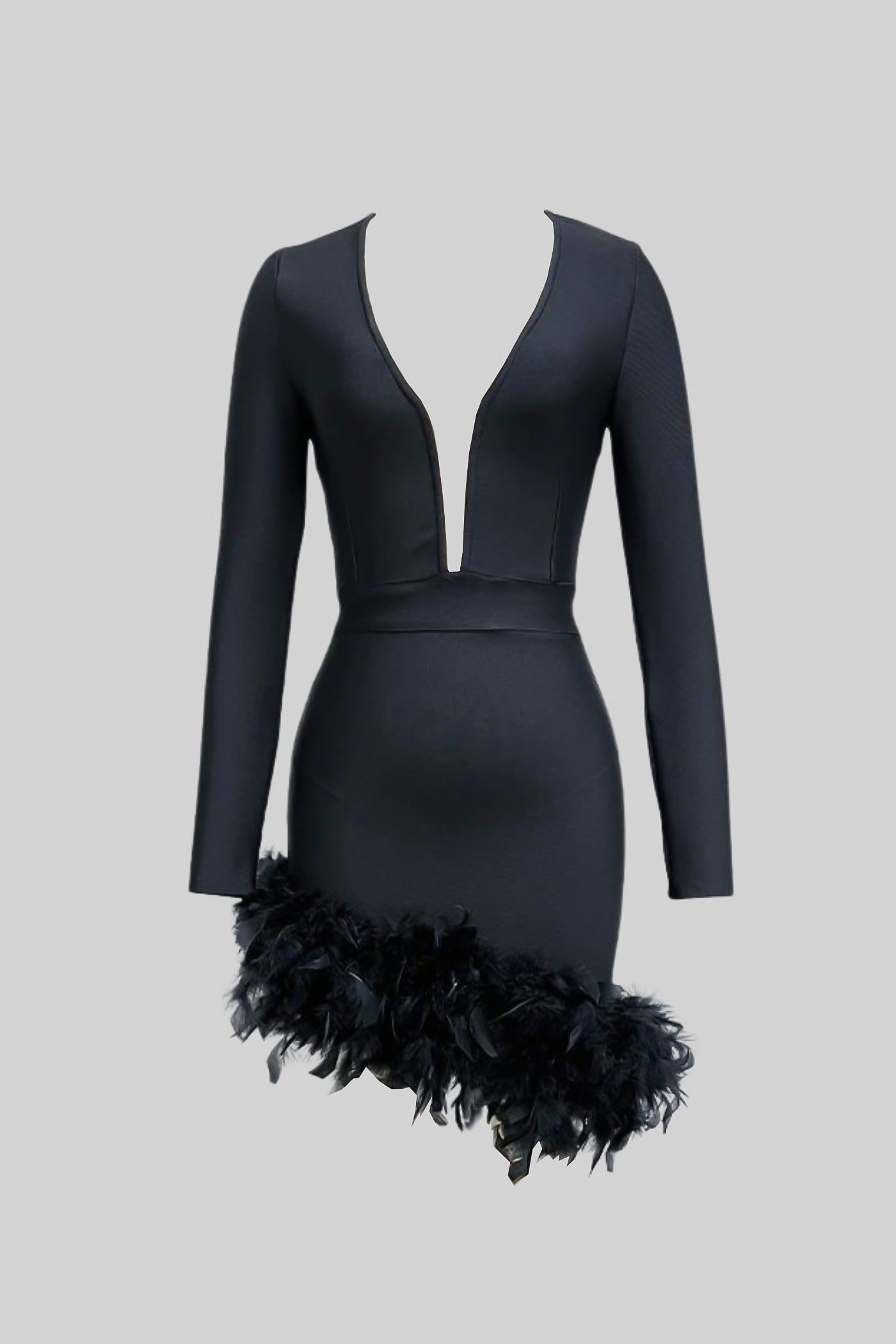 Robe courte à plumes avec décolleté plongeant – Noir
