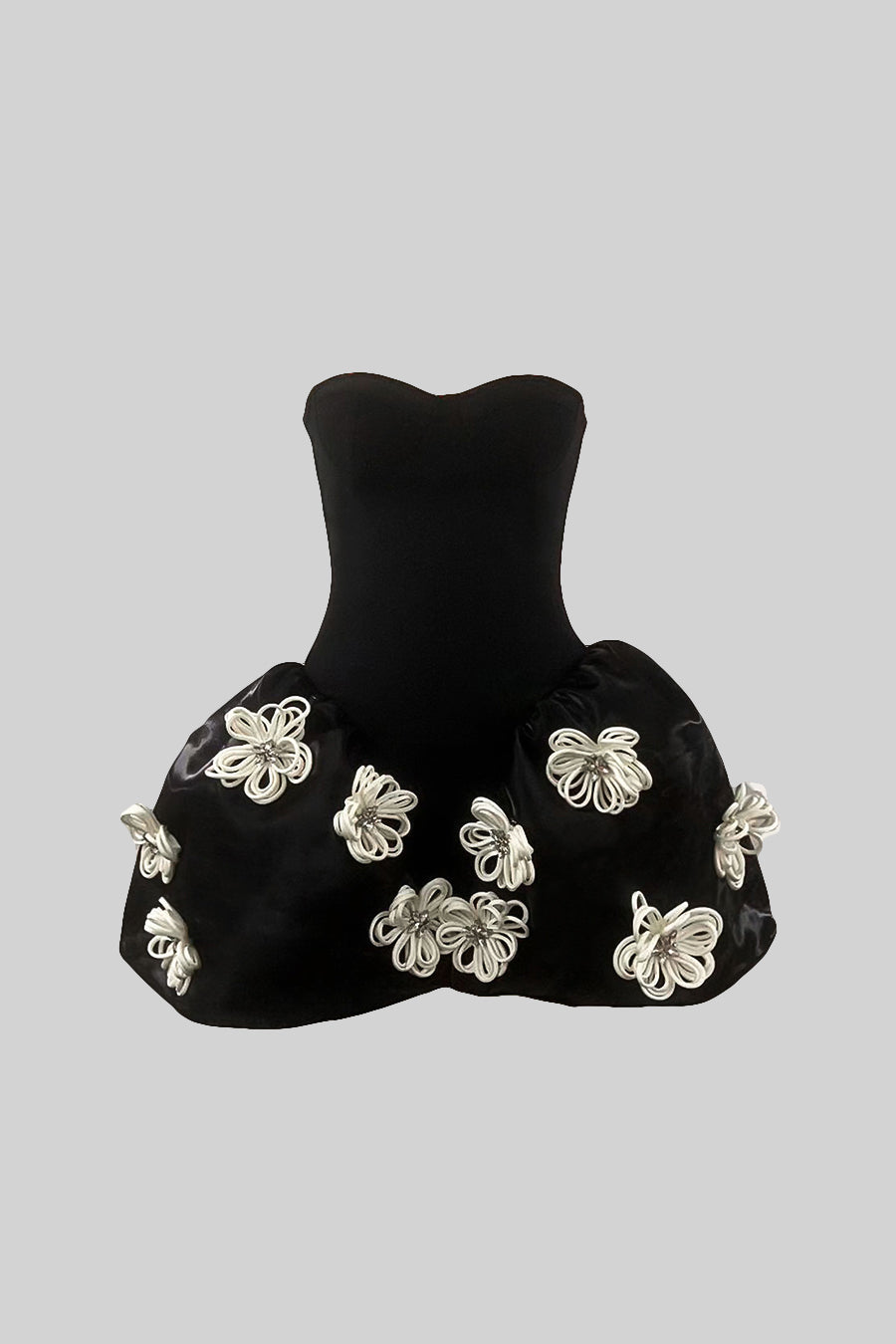 Robe Mini Élégante avec Ornements Floraux 3D Argentés - Noir
