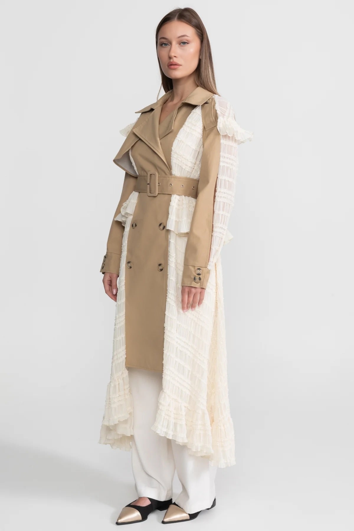 Longline Lace Panel Trench Coat With Belted Waist – Beige