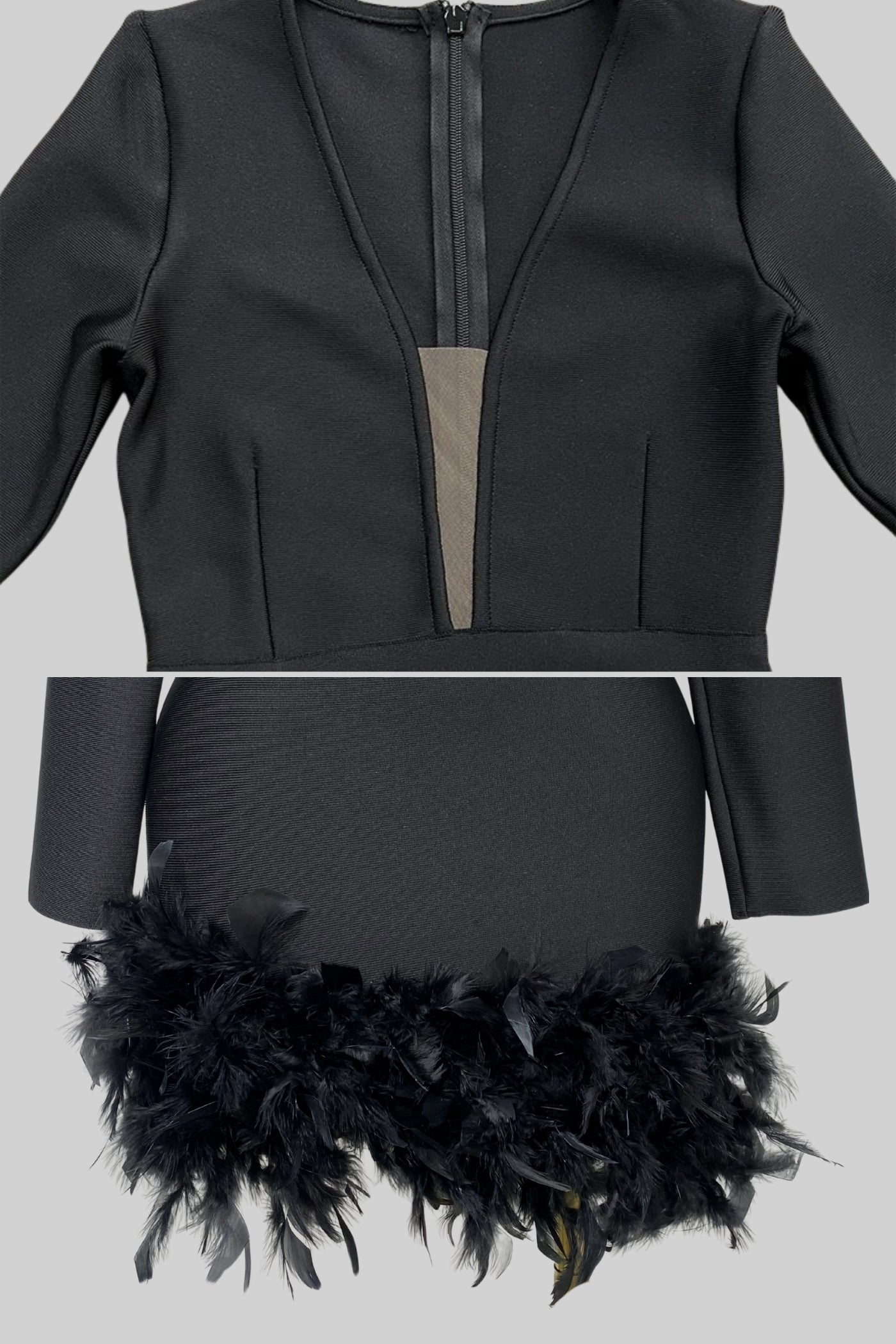 Robe Mini à Bordure en Plumes avec Décolleté Profond – Noir