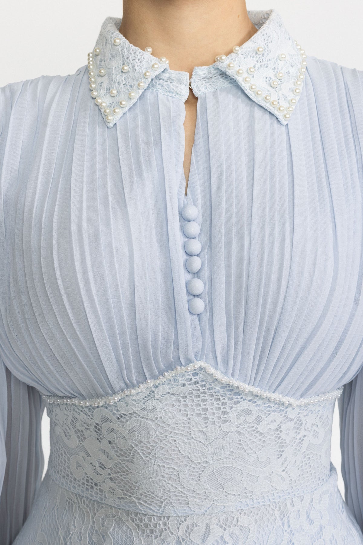 Pleated Chiffon Lace Peplum Blouse and Maxi Skirt Set - Light Blue