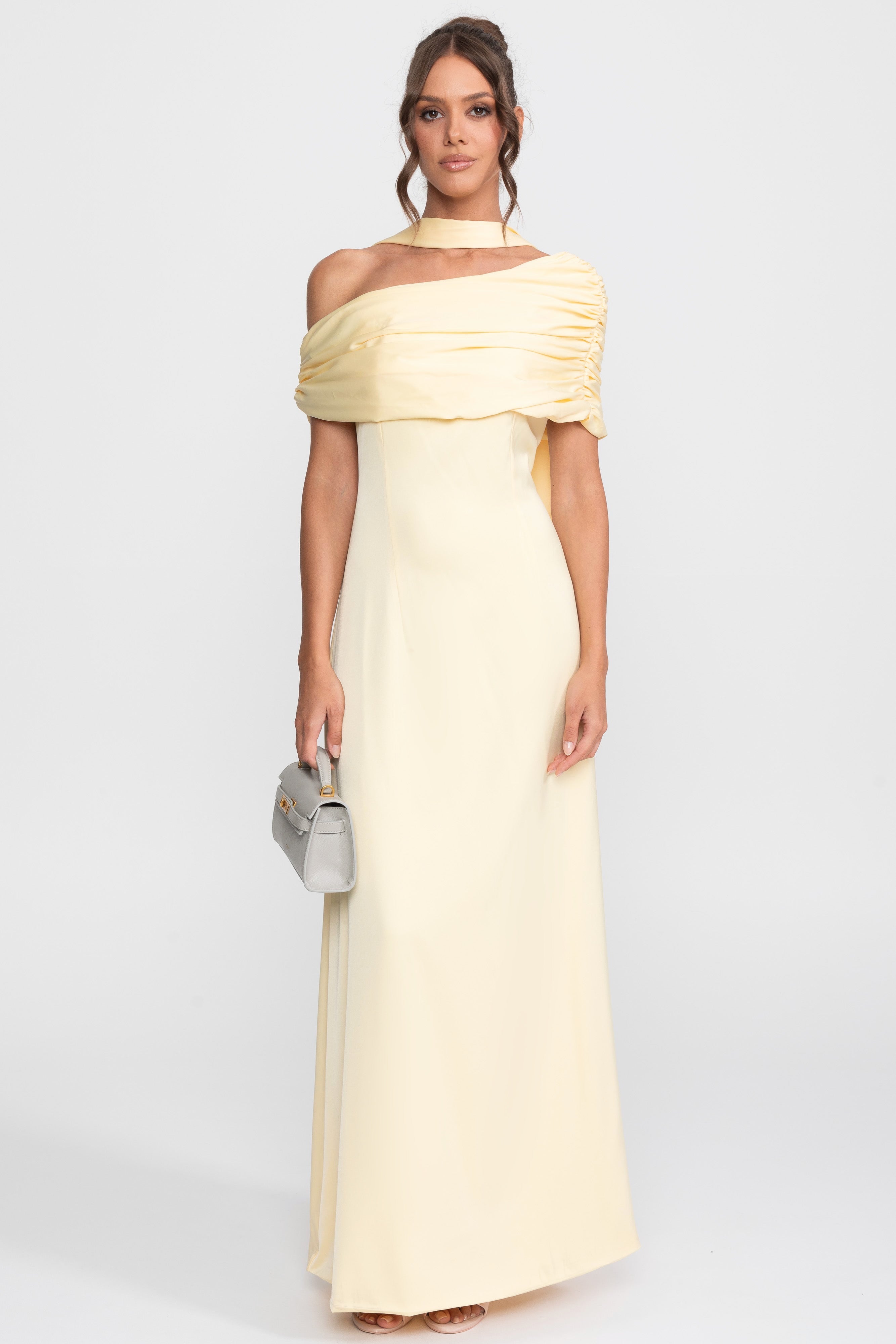 Robe en satin drapée à une épaule avec effet portefeuille froncé - Jaune