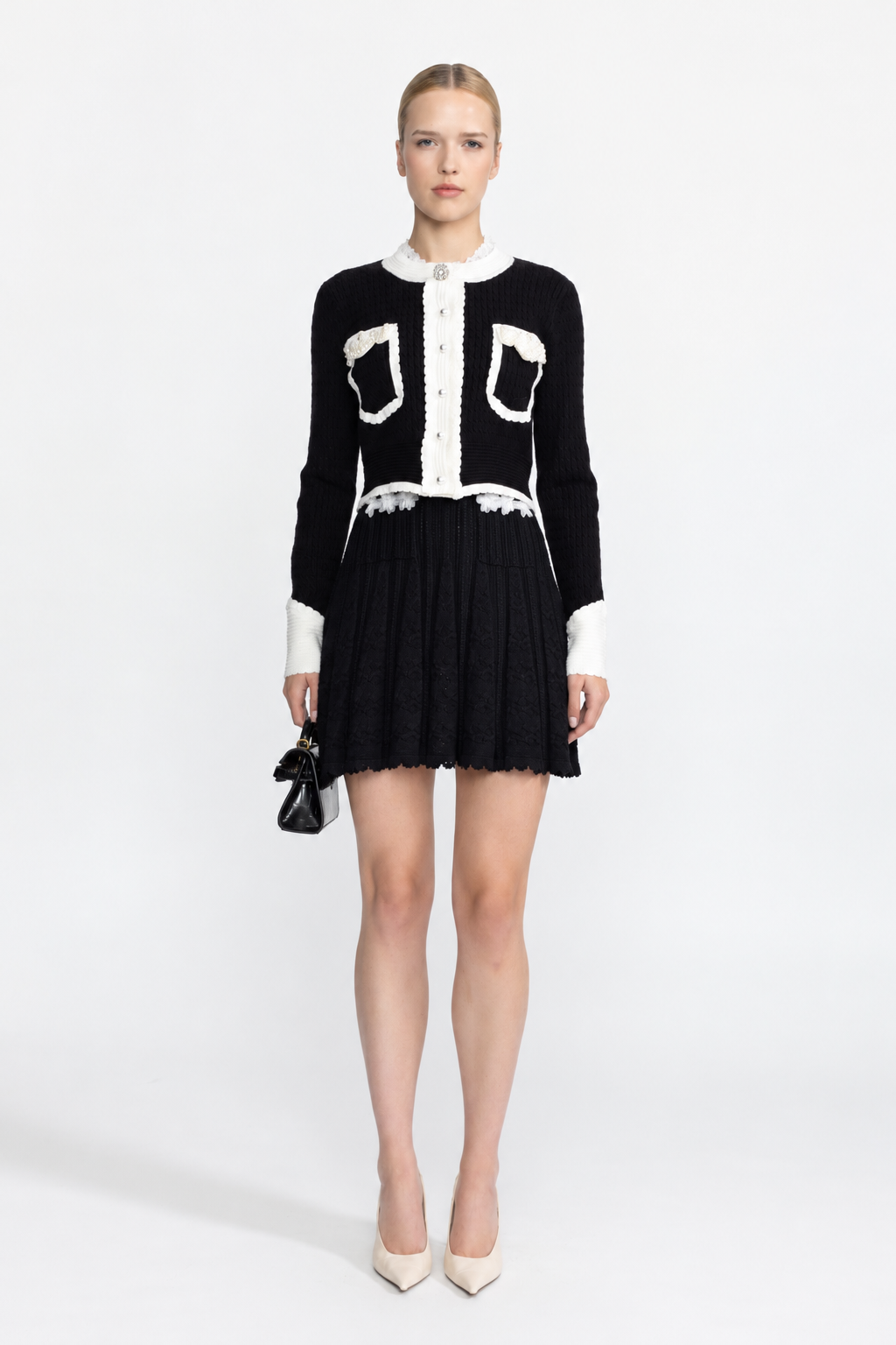 Pearl Embellished Contrast Trim Cable Knit Cropped Cardigan - Black