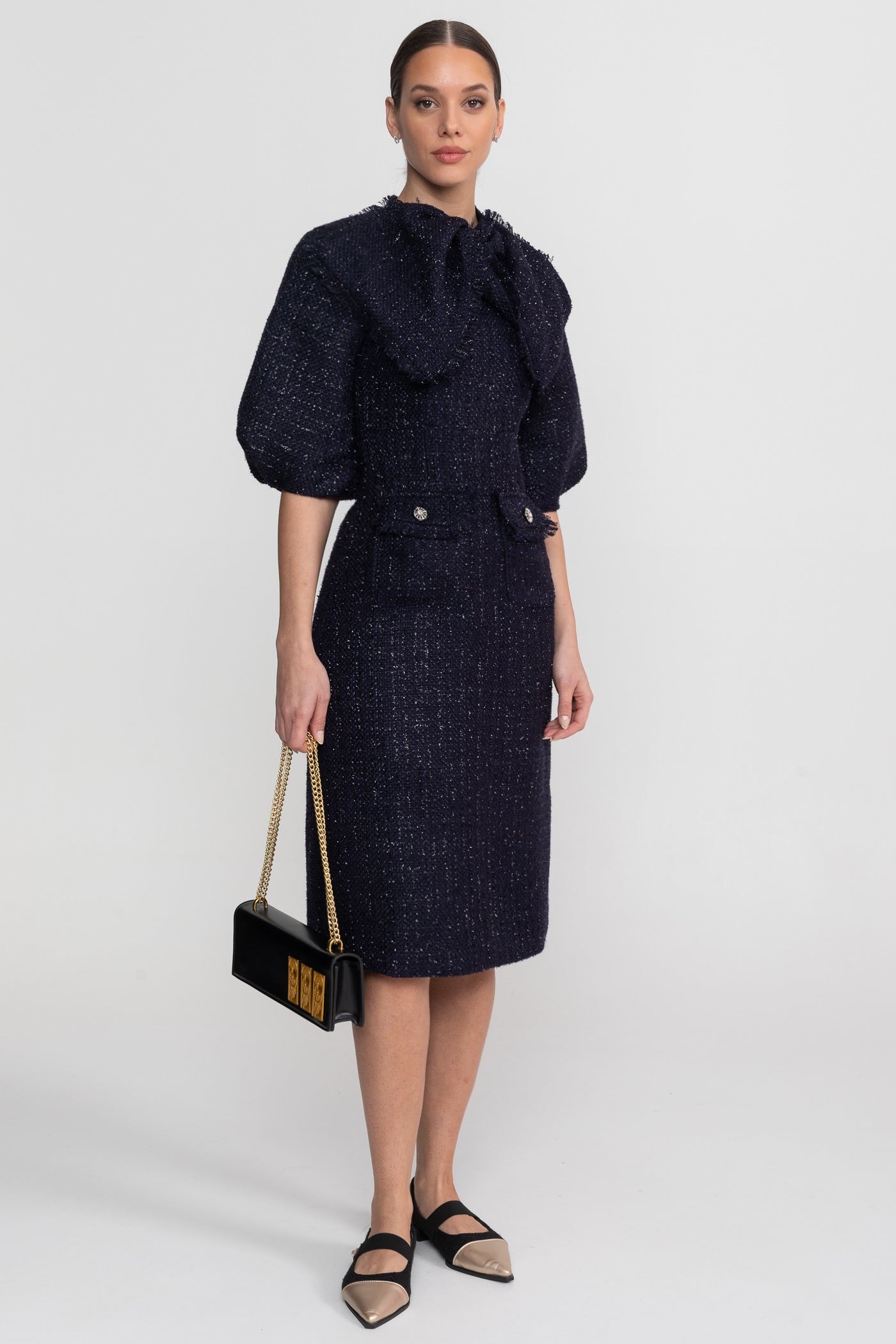 Robe Midi en Tweed avec Détail de Col à Nœud Oversize - Bleu Marine