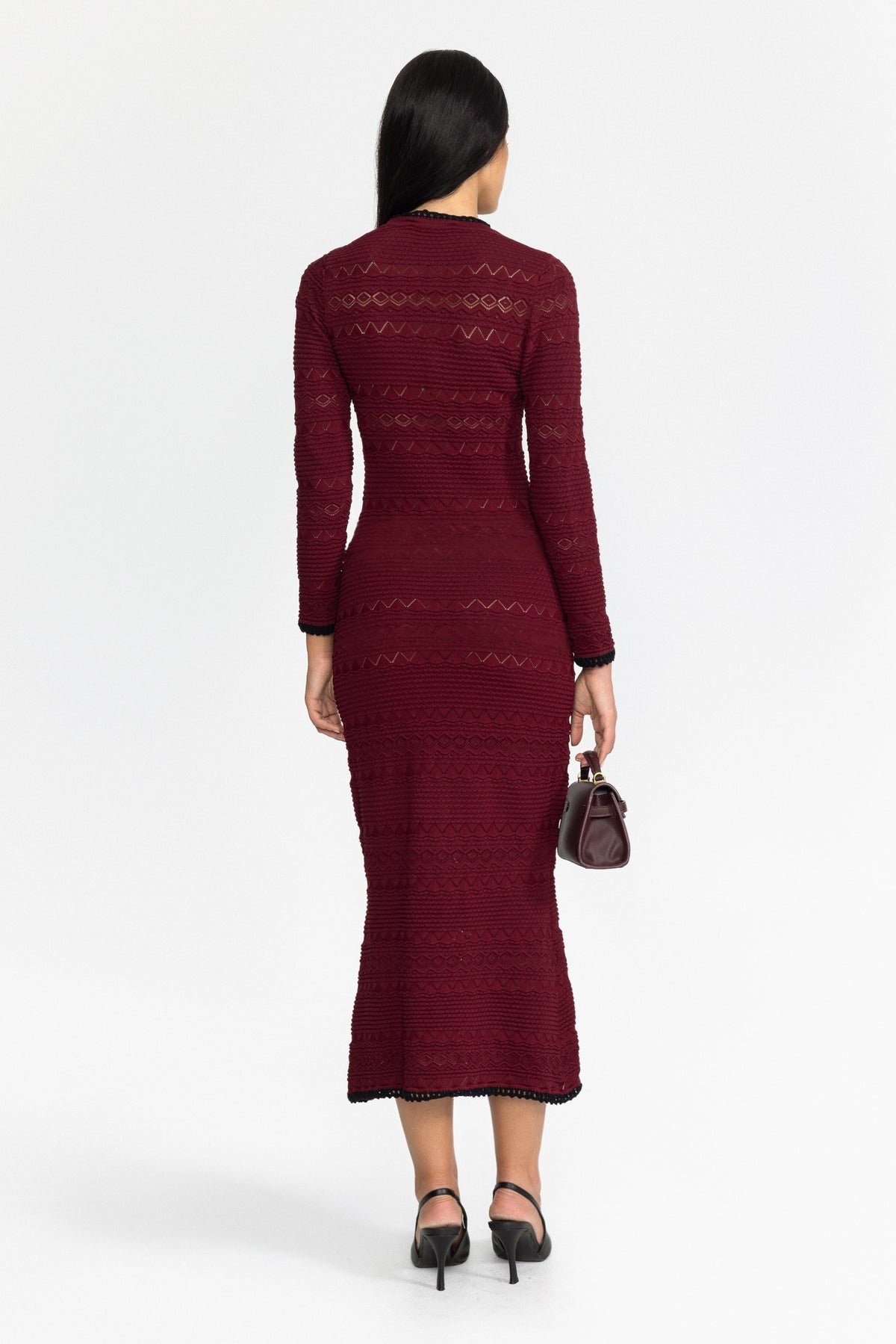 Crochet Trim Knit Button Midi Dress with Flower Brooch - Wine