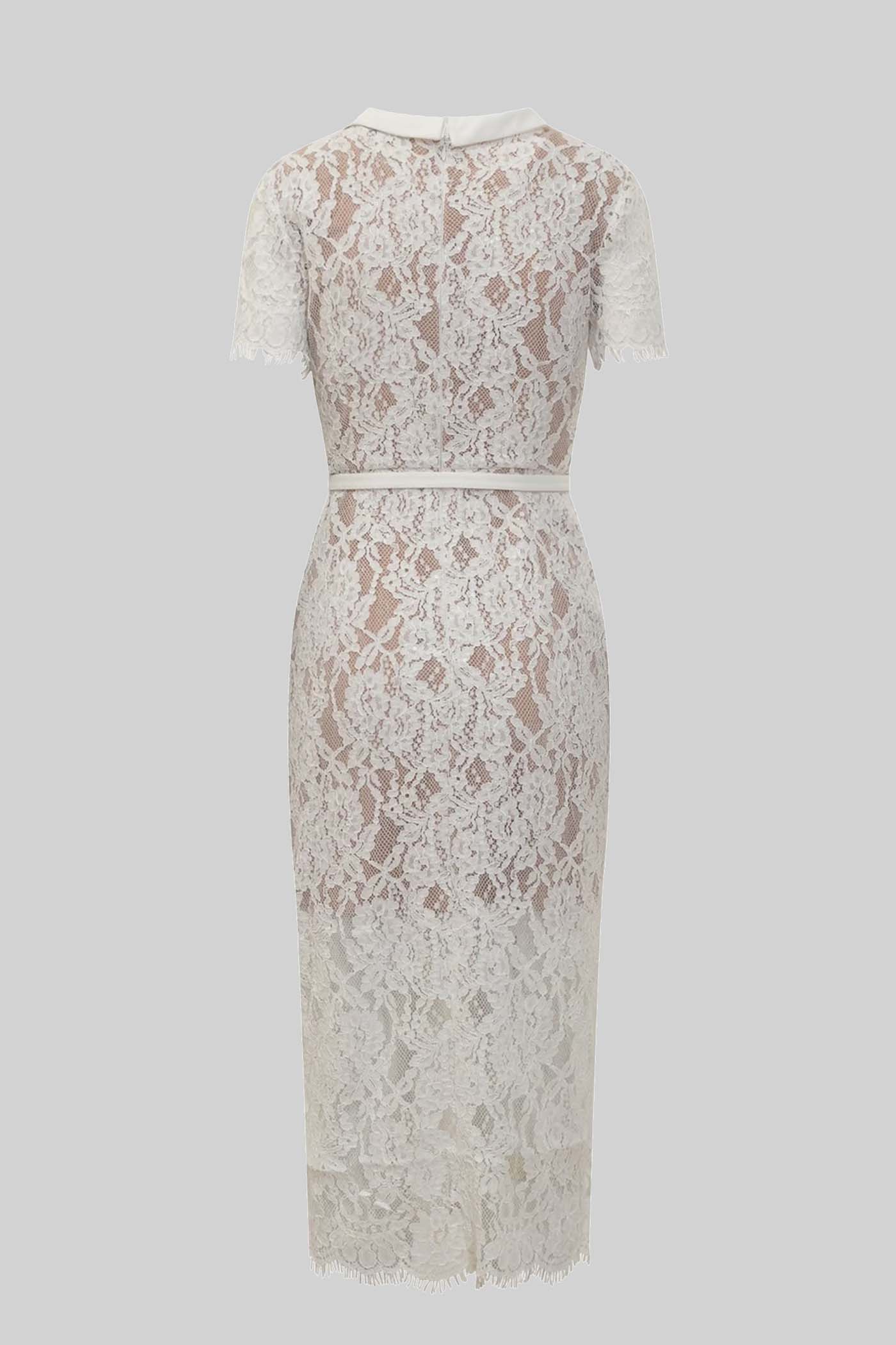 Robe élégante à manches courtes en dentelle avec ceinture assortie à la taille - Blanc