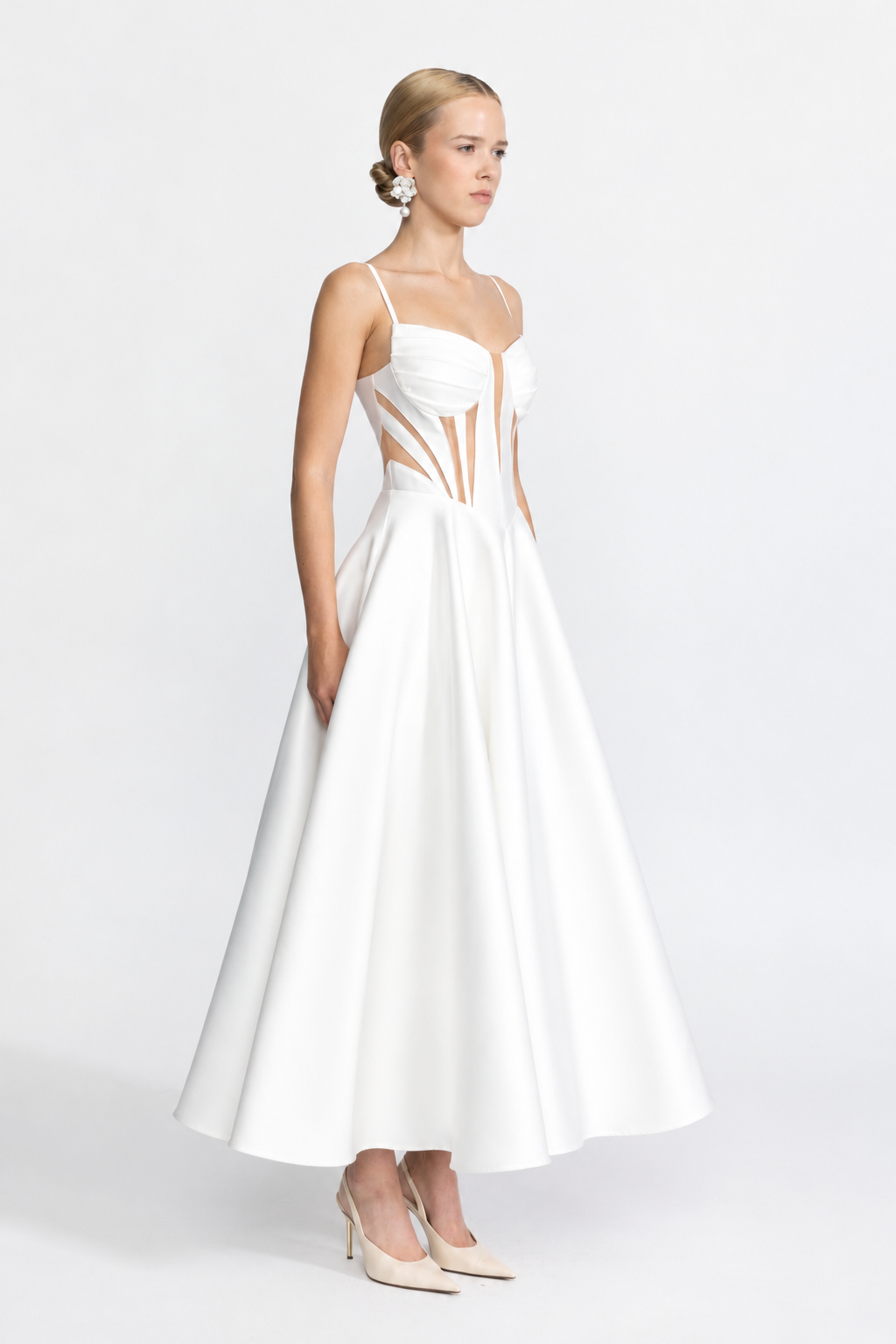 Sheer Panel Satin Corset Midi Dress - White