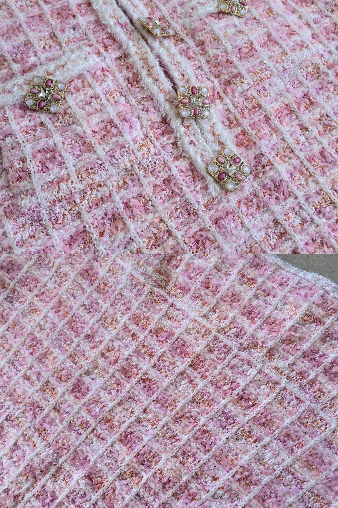 Robe Mini en Tweed avec Boutons Bijoux - Rose