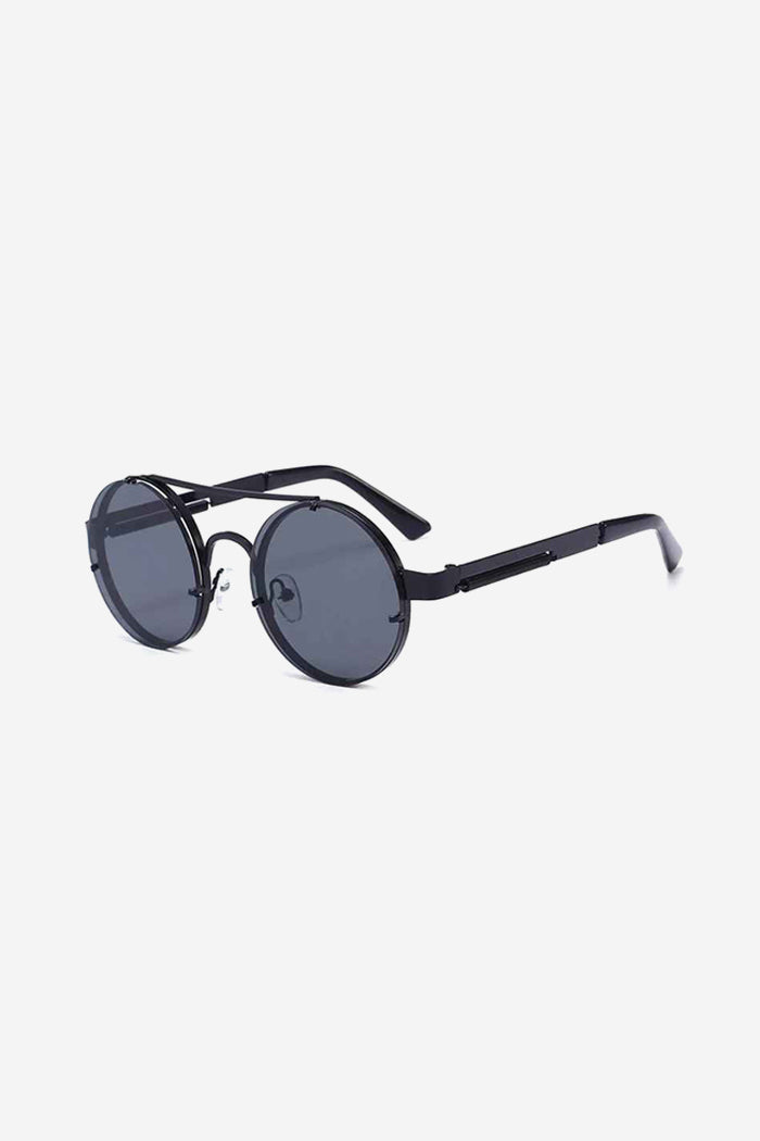 Rimless Round Sunglasses with Double Bridge and Temple Springs – Black