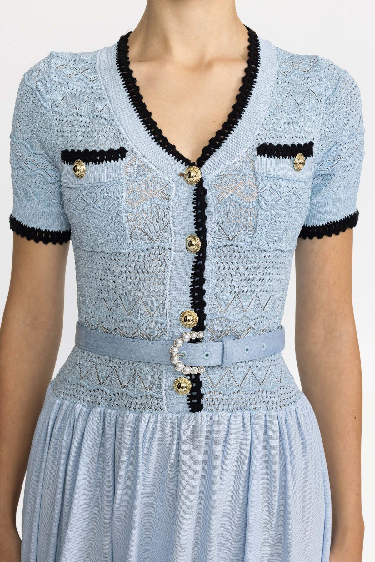 Robe longue ceinturée à corsage en maille pointelle - bleu clair