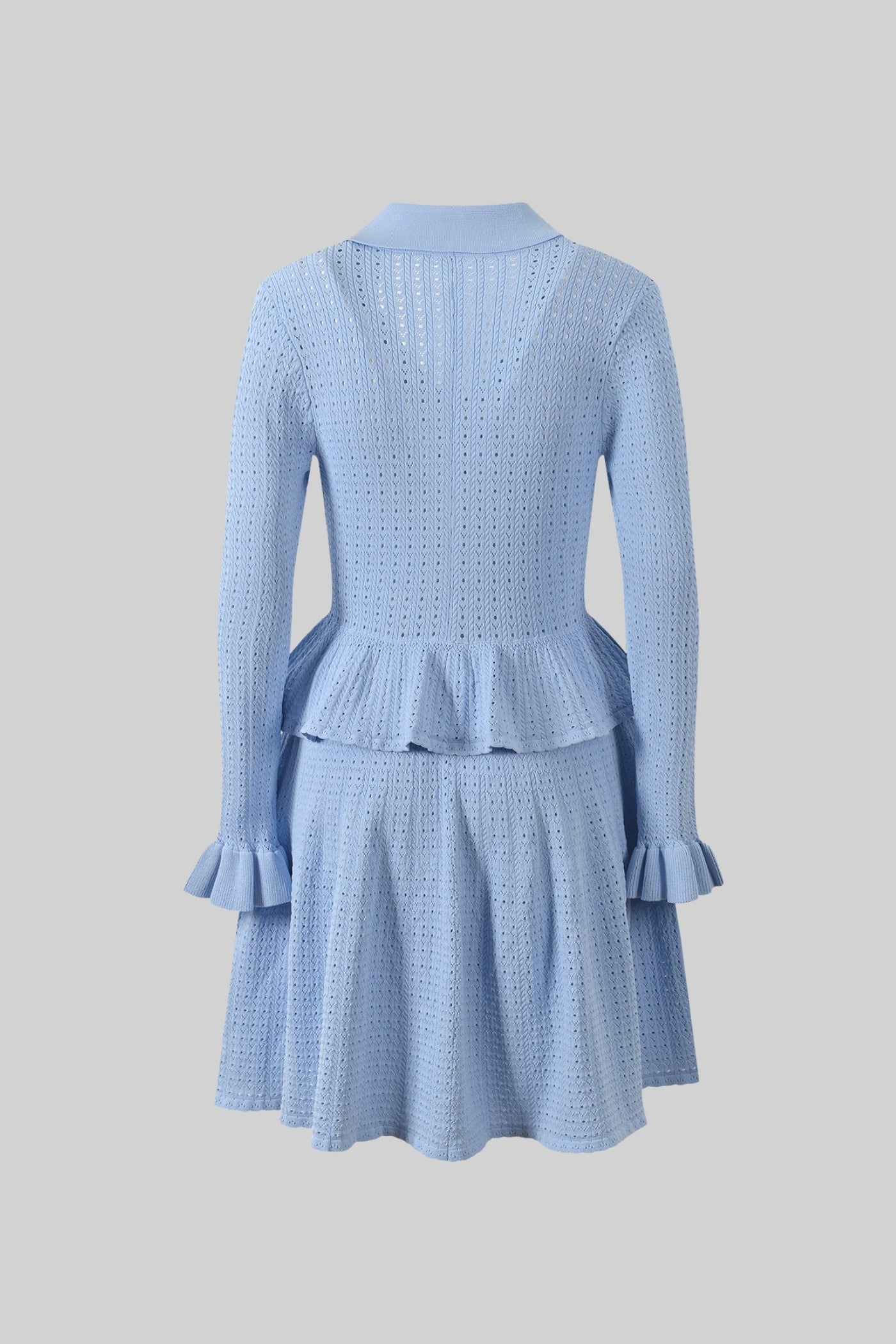 Robe Mini en Maille avec Taille Peplum et Détail Boutons Dorés - Light Blue