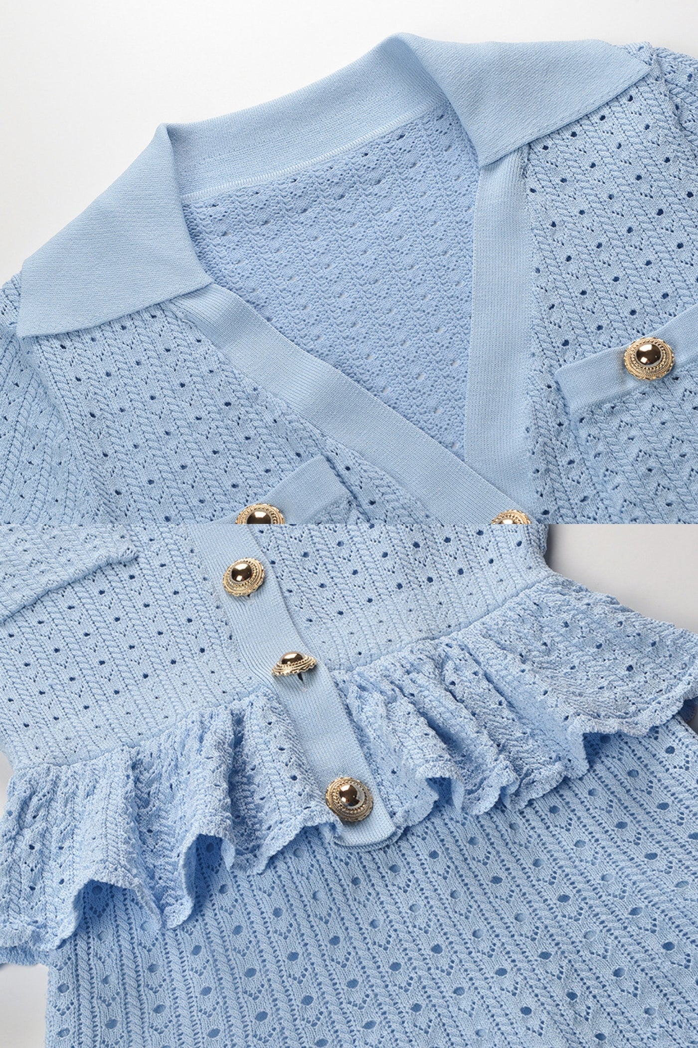 Robe Mini en Maille avec Taille Peplum et Détail Boutons Dorés - Light Blue