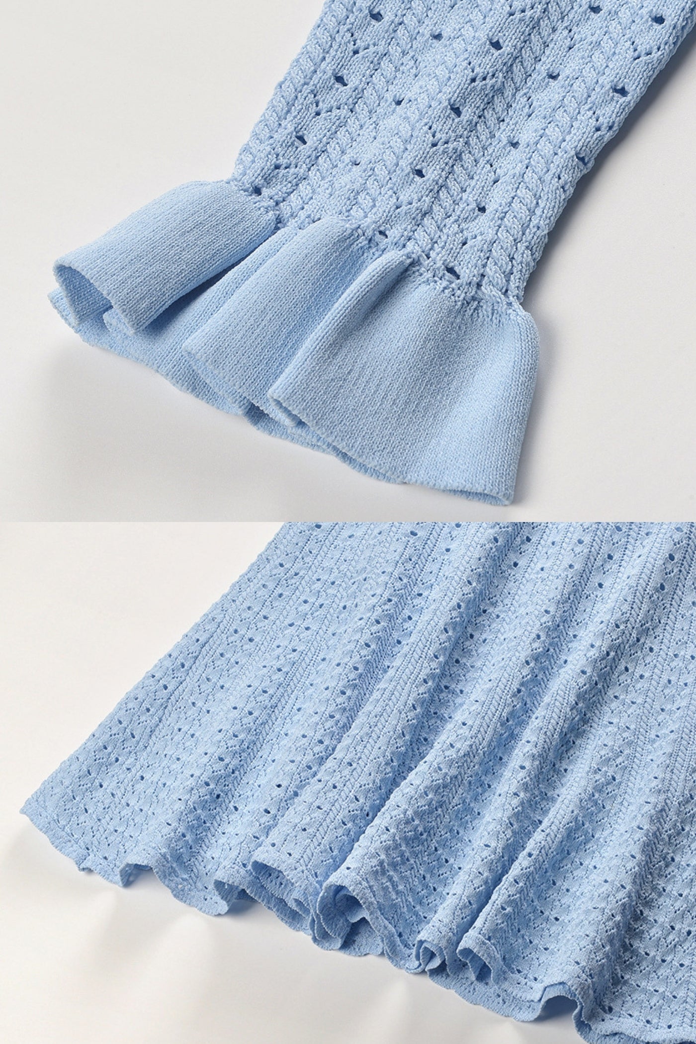 Robe Mini en Maille avec Taille Peplum et Détail Boutons Dorés - Light Blue