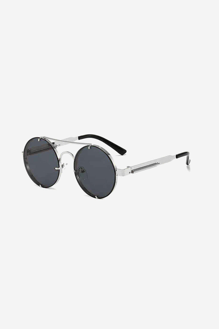 Lunettes de soleil rondes sans monture avec double pont et branches à ressorts – Noir/Argent