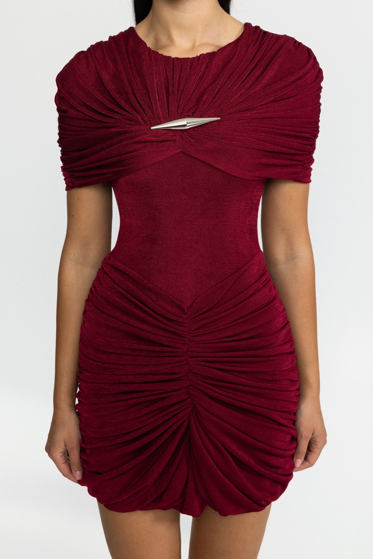 Draped Cape Ruched Mini Dress - Wine