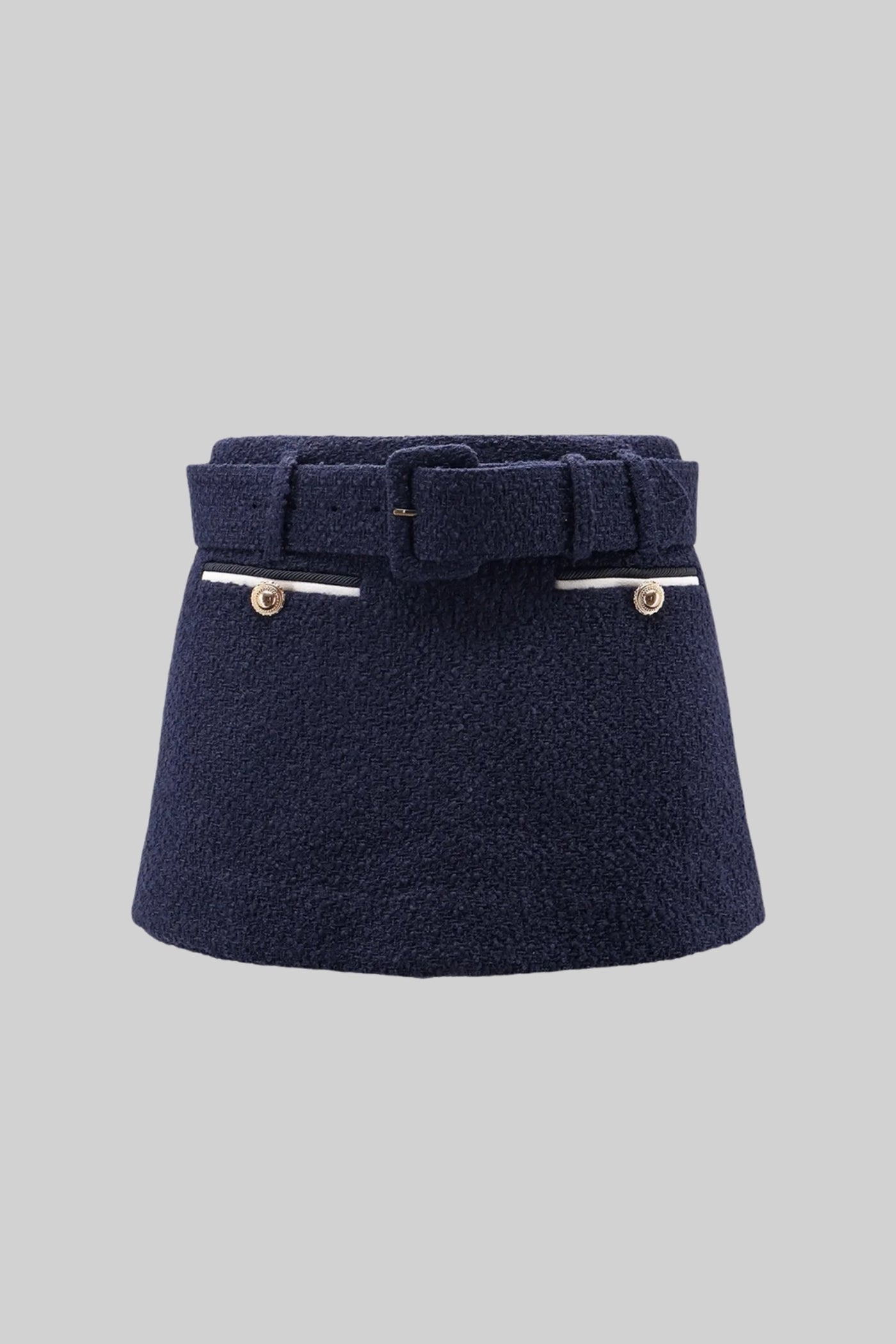 Jupe Mini en Tweed ceinturée avec Poches Contrastantes - Navy