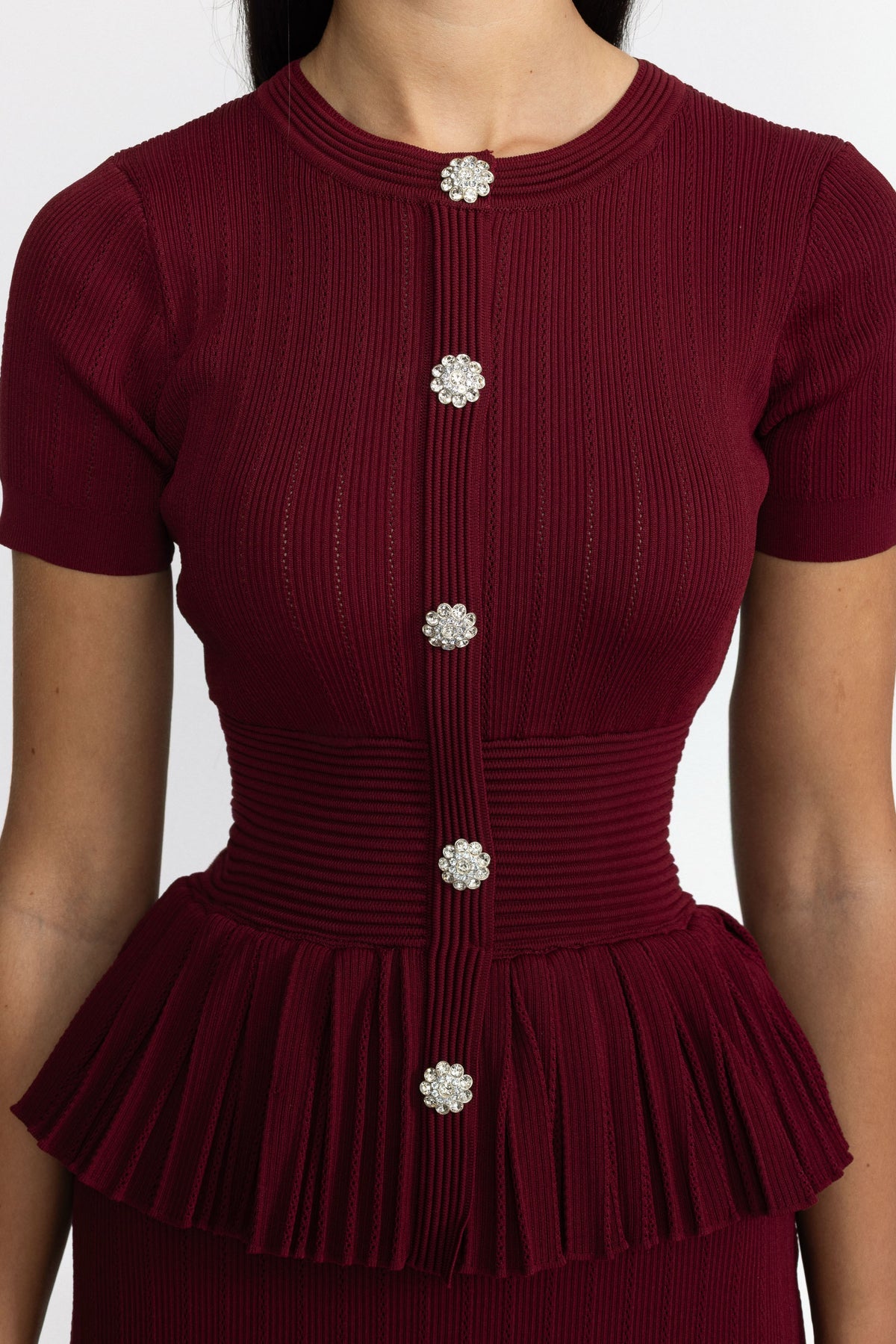 Pleated Peplum Knit Pencil Midi Dress - Wine