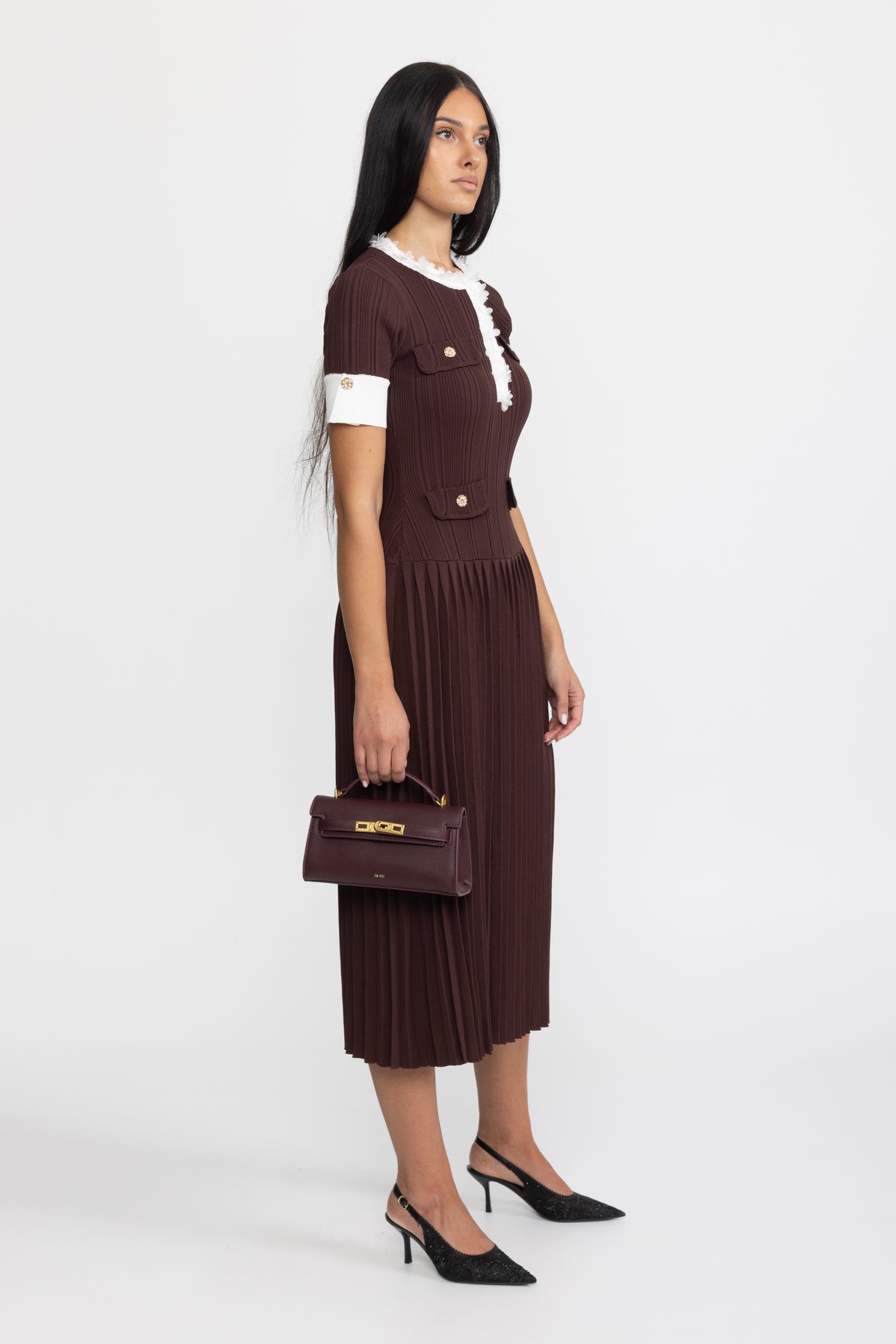 Robe midi en maille plissée à finitions volantées - Chocolate