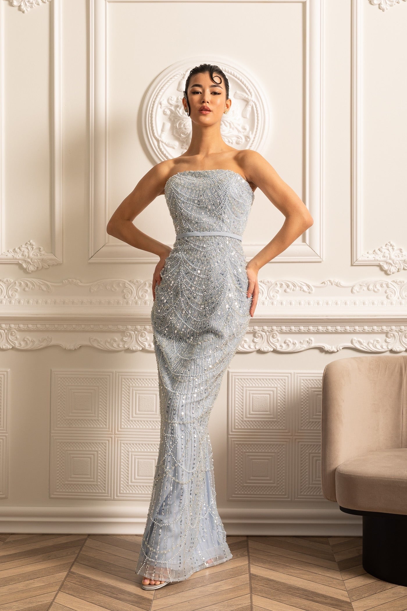 Robe Glamour ornée de Perles avec Voile Détachable - Bleu