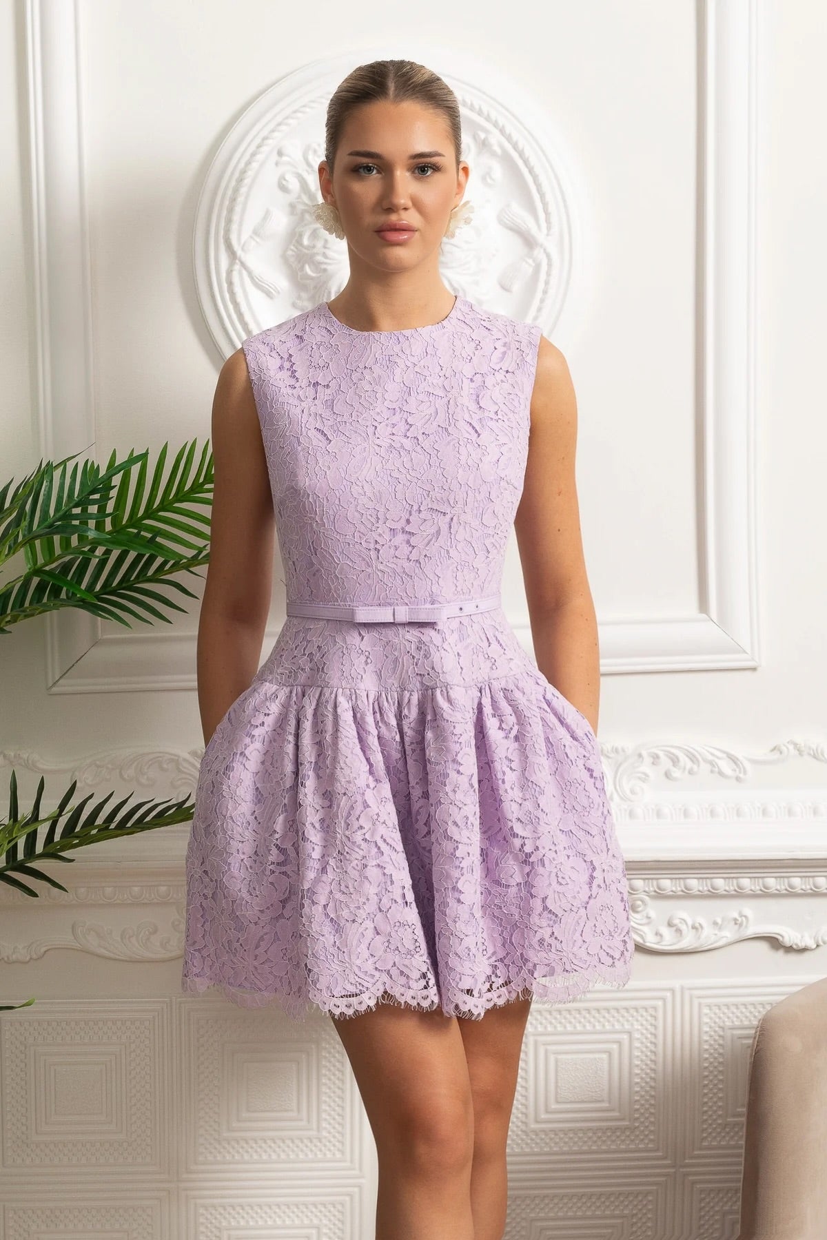 Sleeveless Lace Mini Dress with Belted Waist and Scalloped Hem - Purple