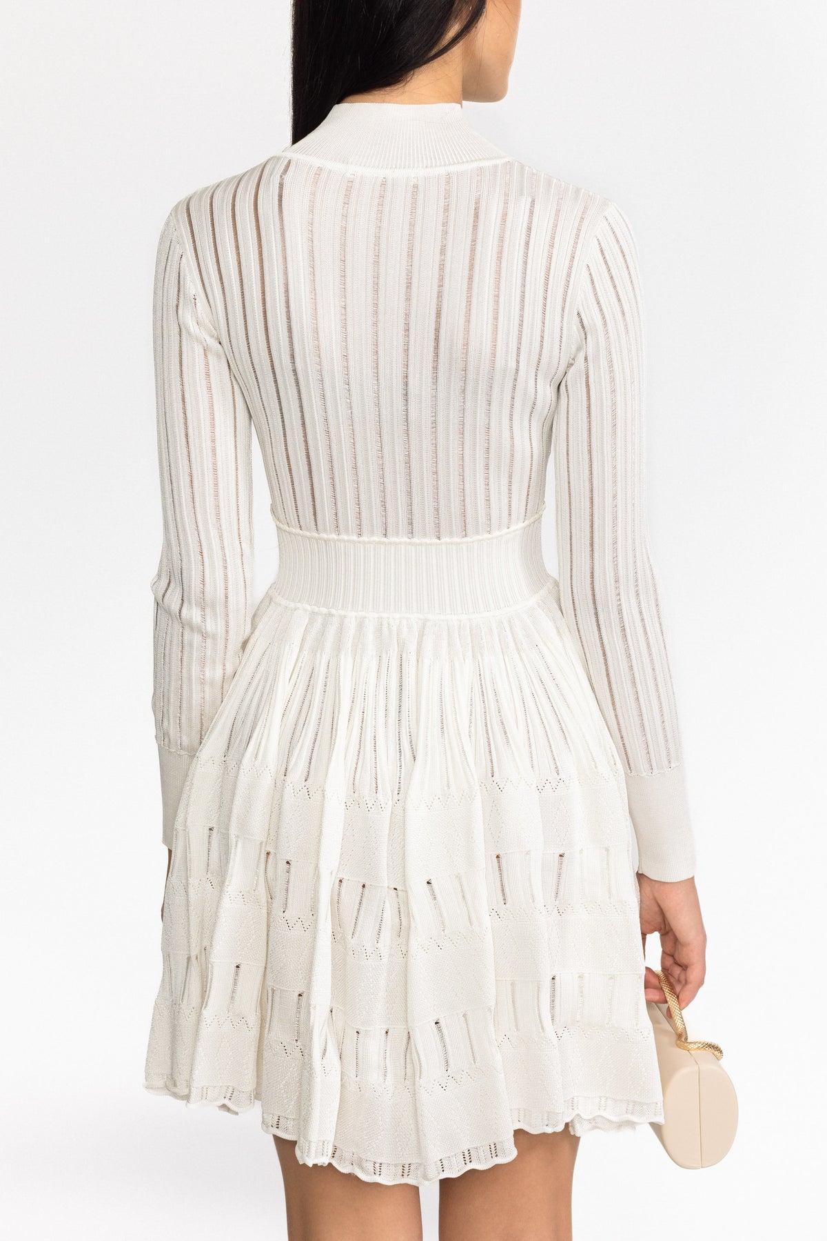 Sheer Ladder Knit Long Sleeve Skater Mini Dress - White
