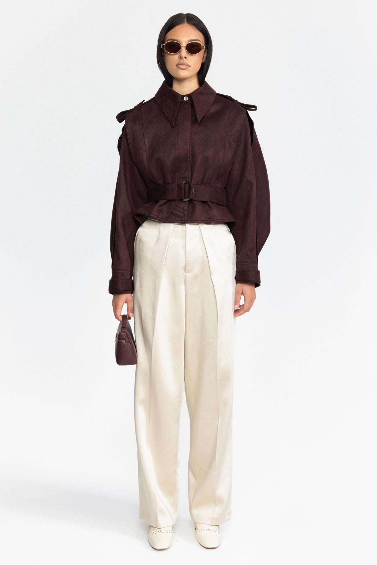 Cape-jacket en daim ceinturée - bordeaux