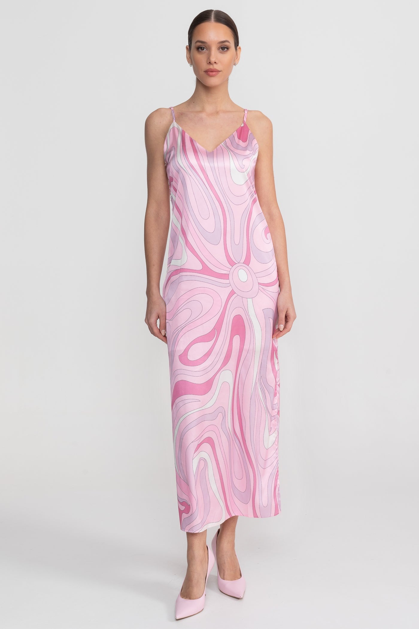Robe Midi Imprimée à Bretelles avec Motif Tourbillonnant Abstrait - Rose