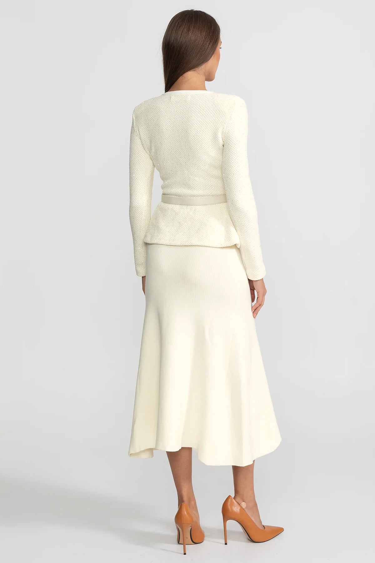 Robe midi en maille peplum en tweed – Ivoire