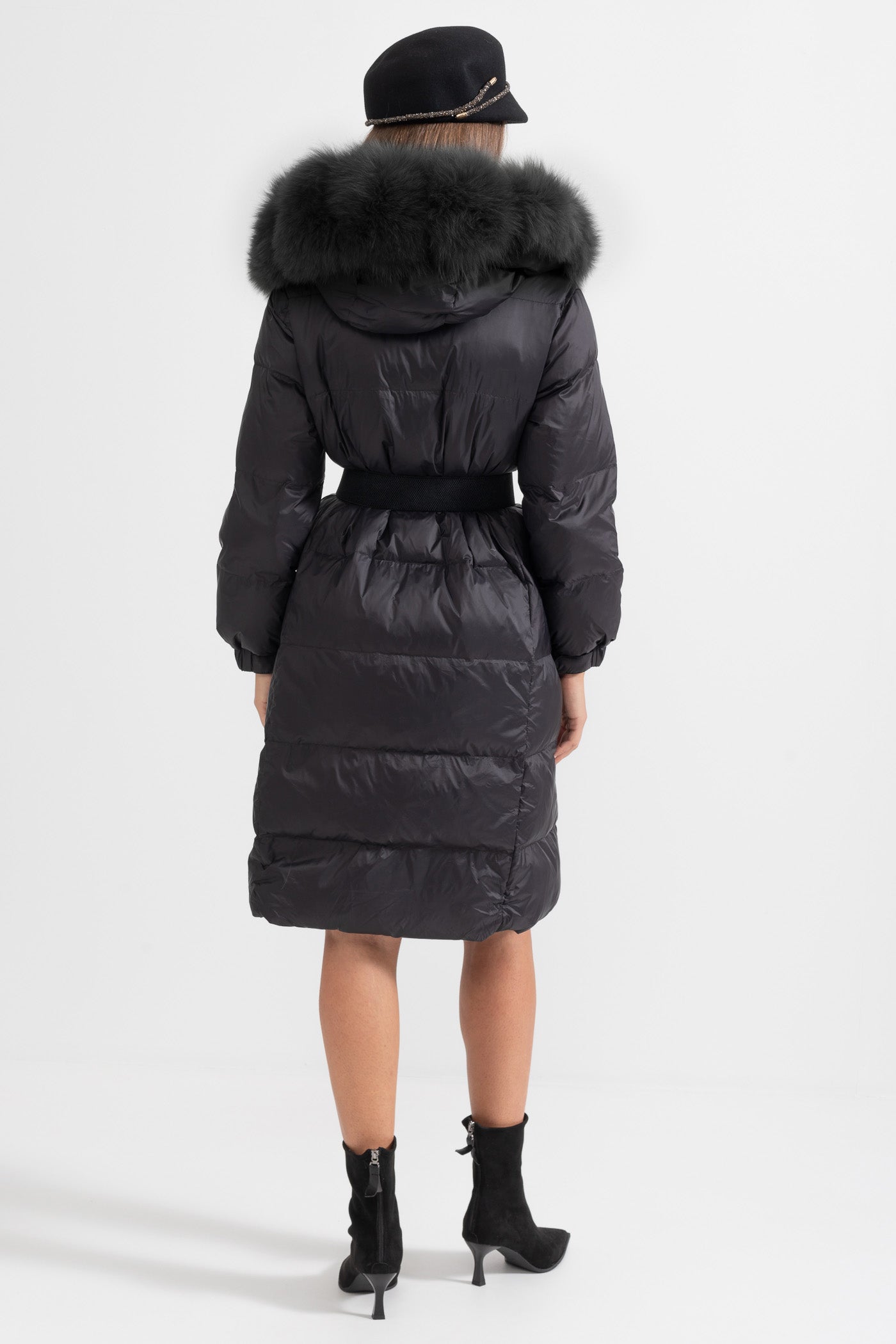Doudoune Longue avec Capuche Doublée de Fourrure de Renard Noir - Noir