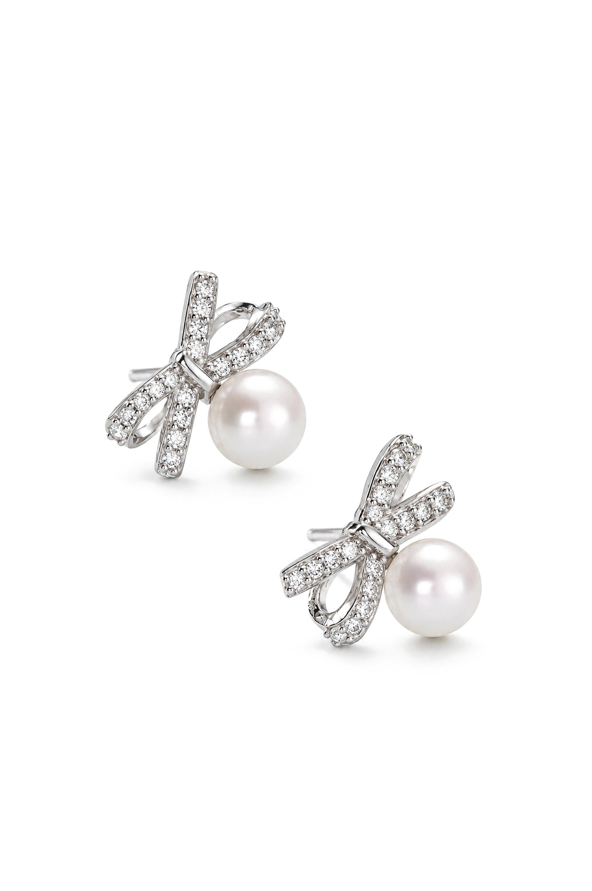 Pearl Drop Bow Stud Earrings - Silver