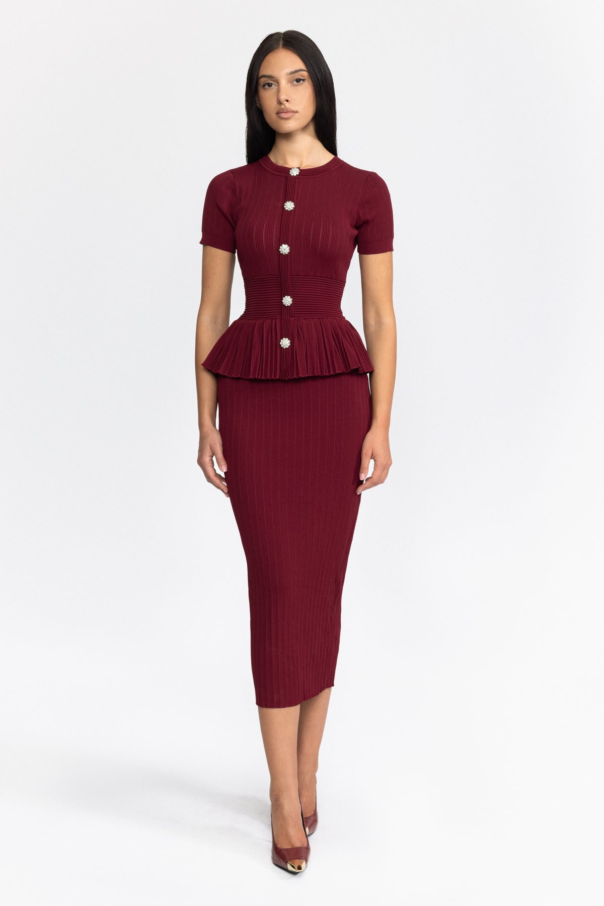 Robe midi crayon en maille à basque plissée - Wine