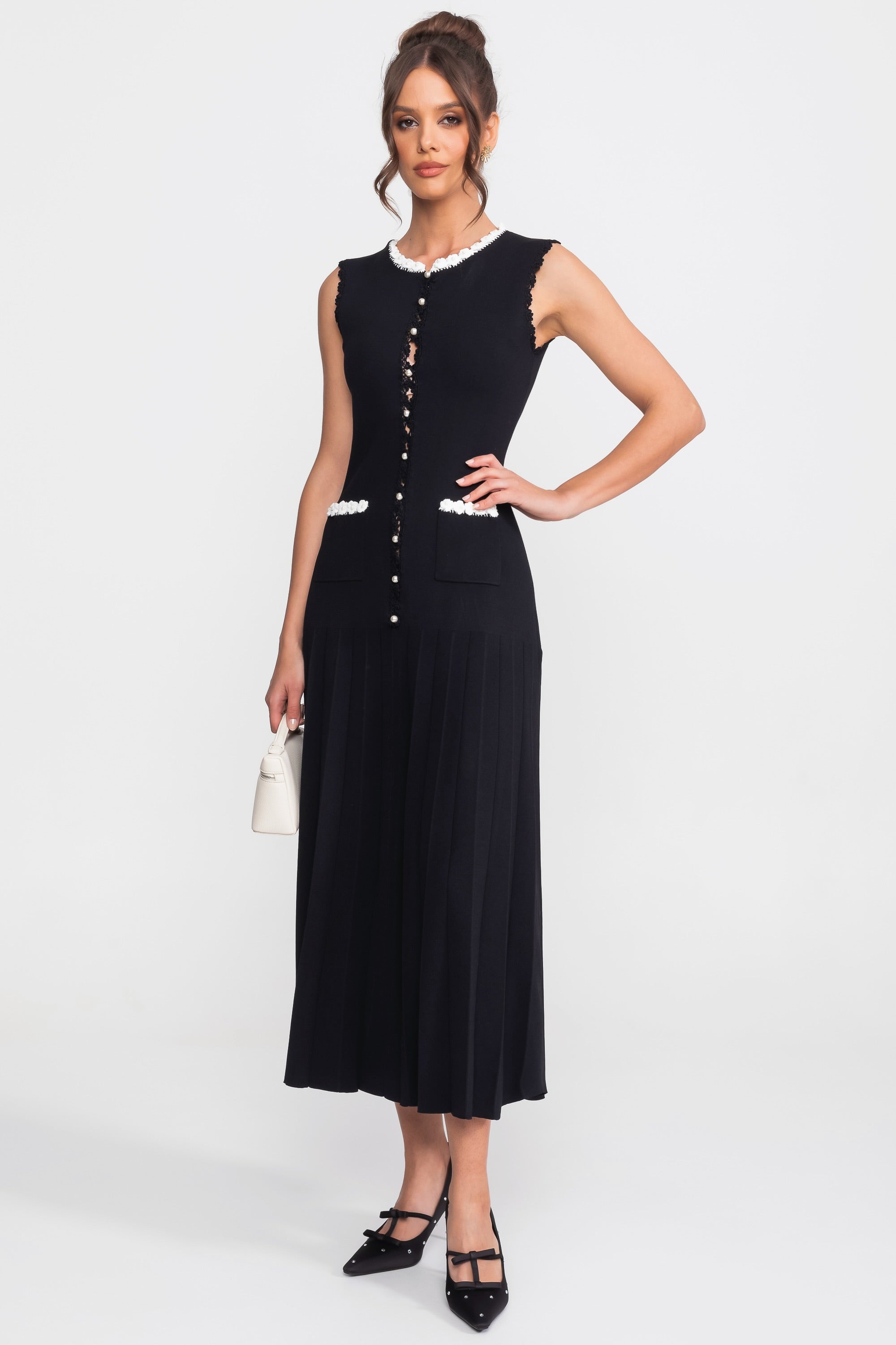 Robe midi sans manches avec détails en perles - Noir