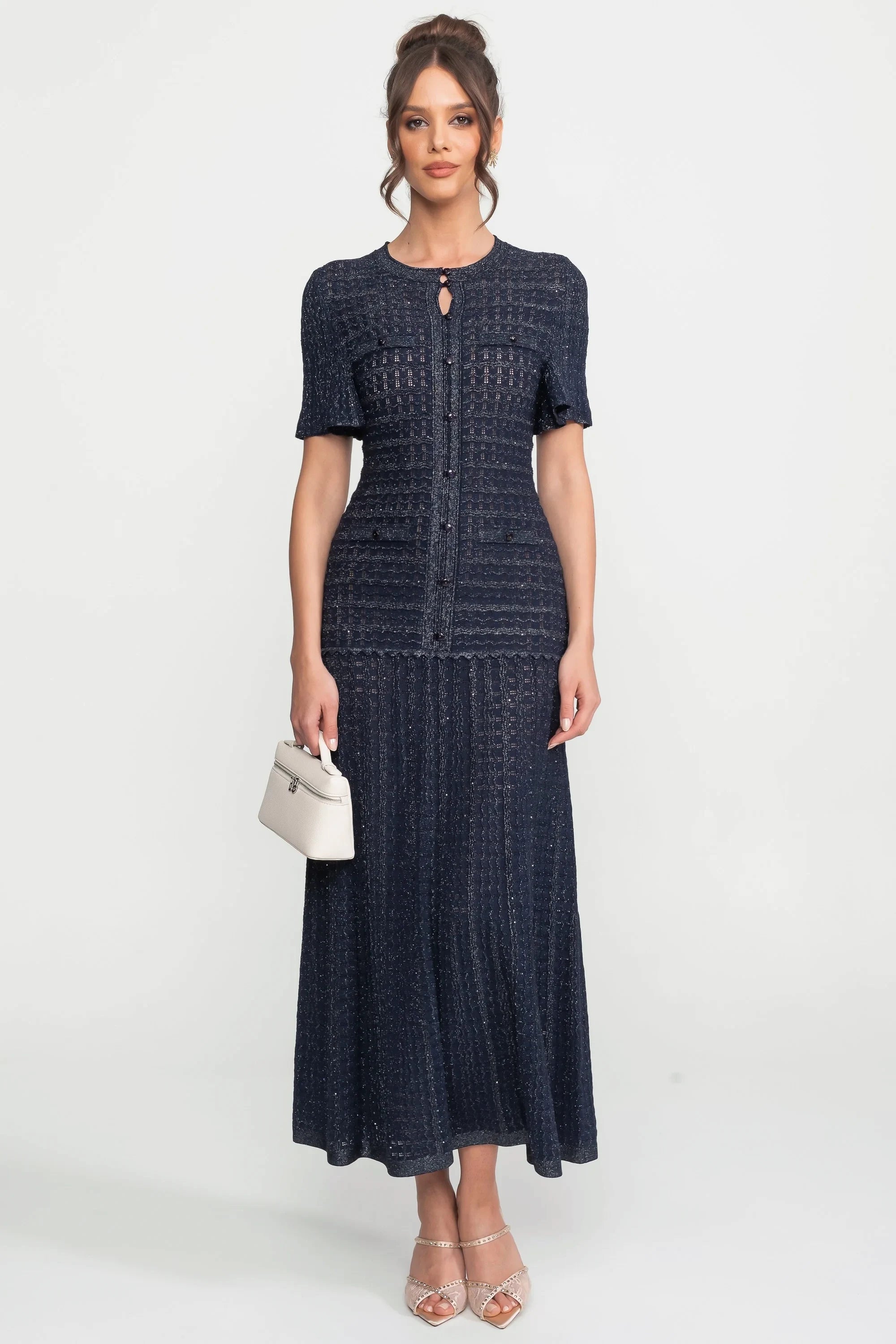 Robe Midi à Manches Courtes avec Texture Tricotée Scintillante - Navy
