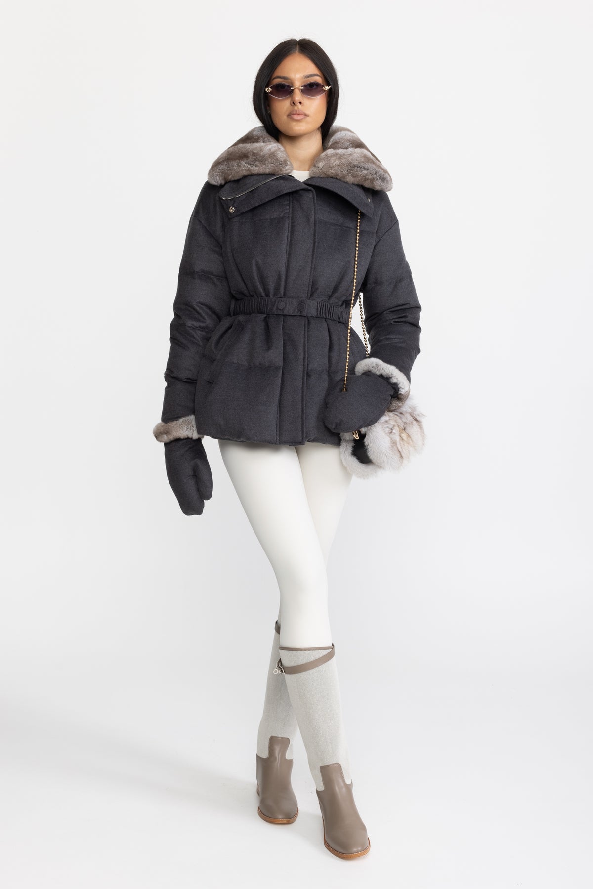 Doudoune en coton-soie avec col en fourrure de lapin Rex - Anthracite