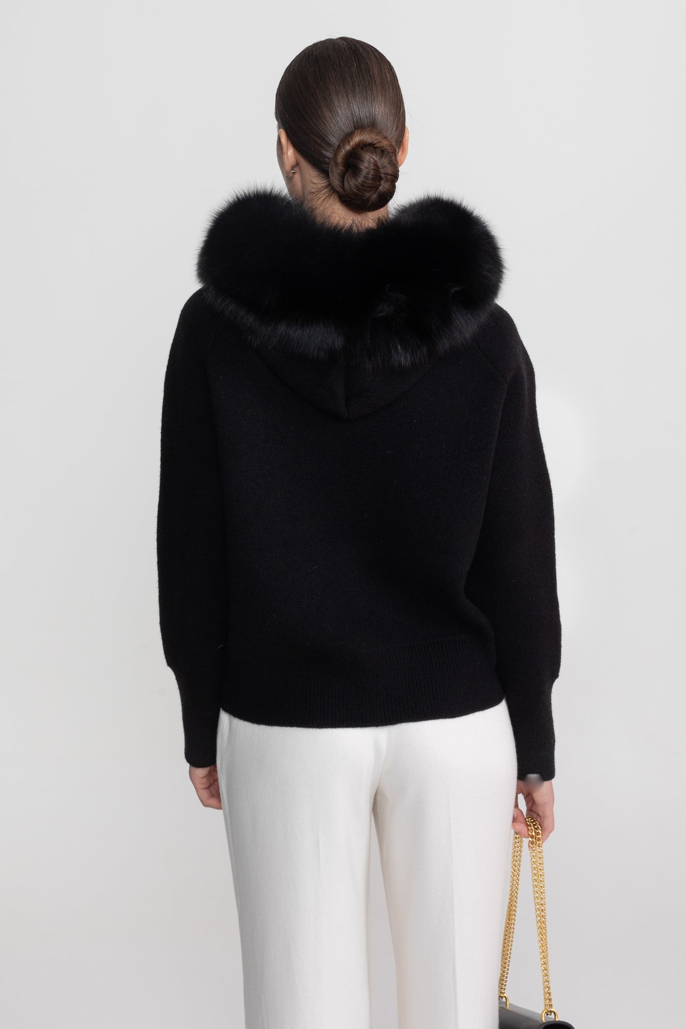 Zip-Up Wool Hoodie With Fox Fur Collar – Black