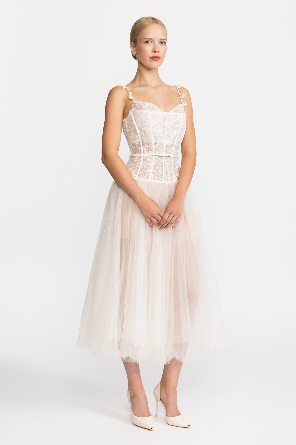 Robe midi en tulle à corset en dentelle - Beige
