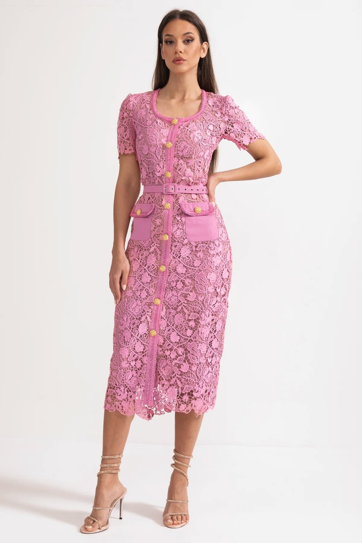 Robe Midi en Dentelle à Manches Courtes Exquise - Rose