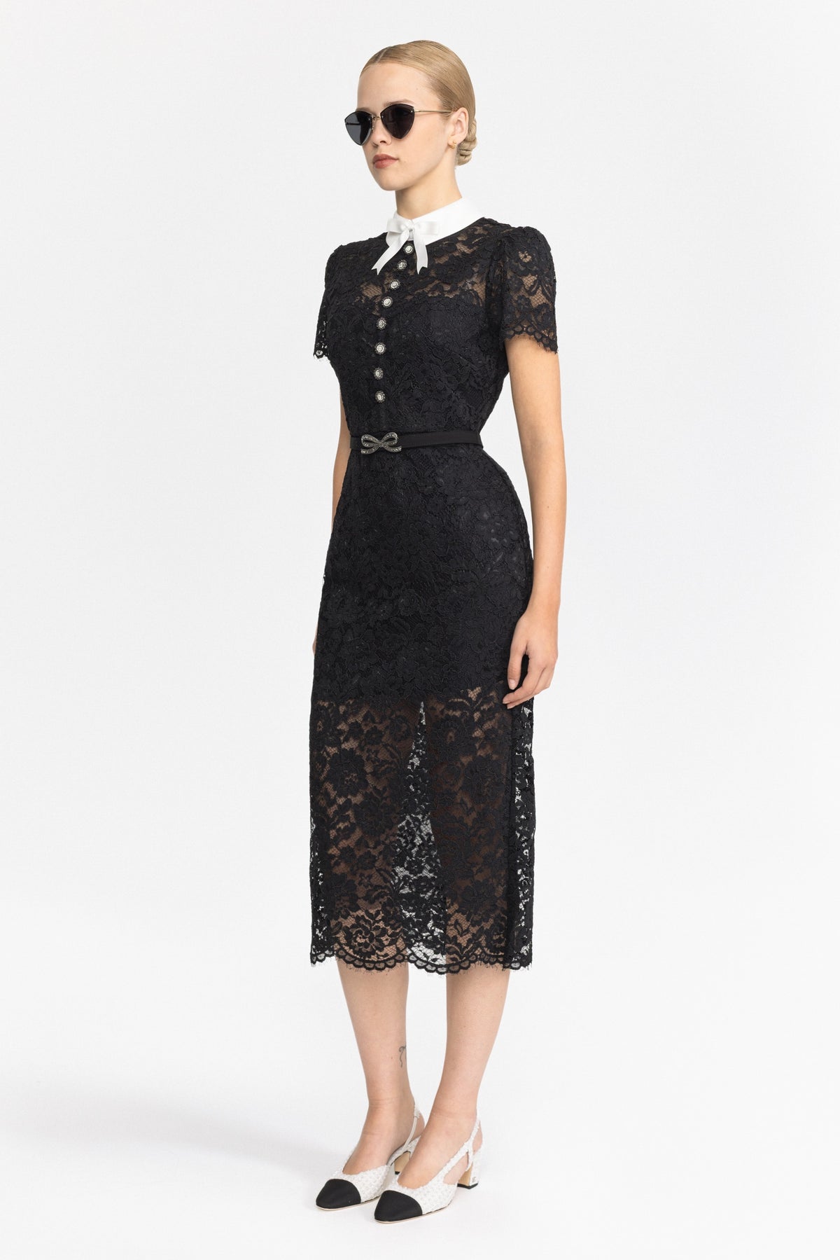 Corded Lace Bow Collar Midi Dress - Black
