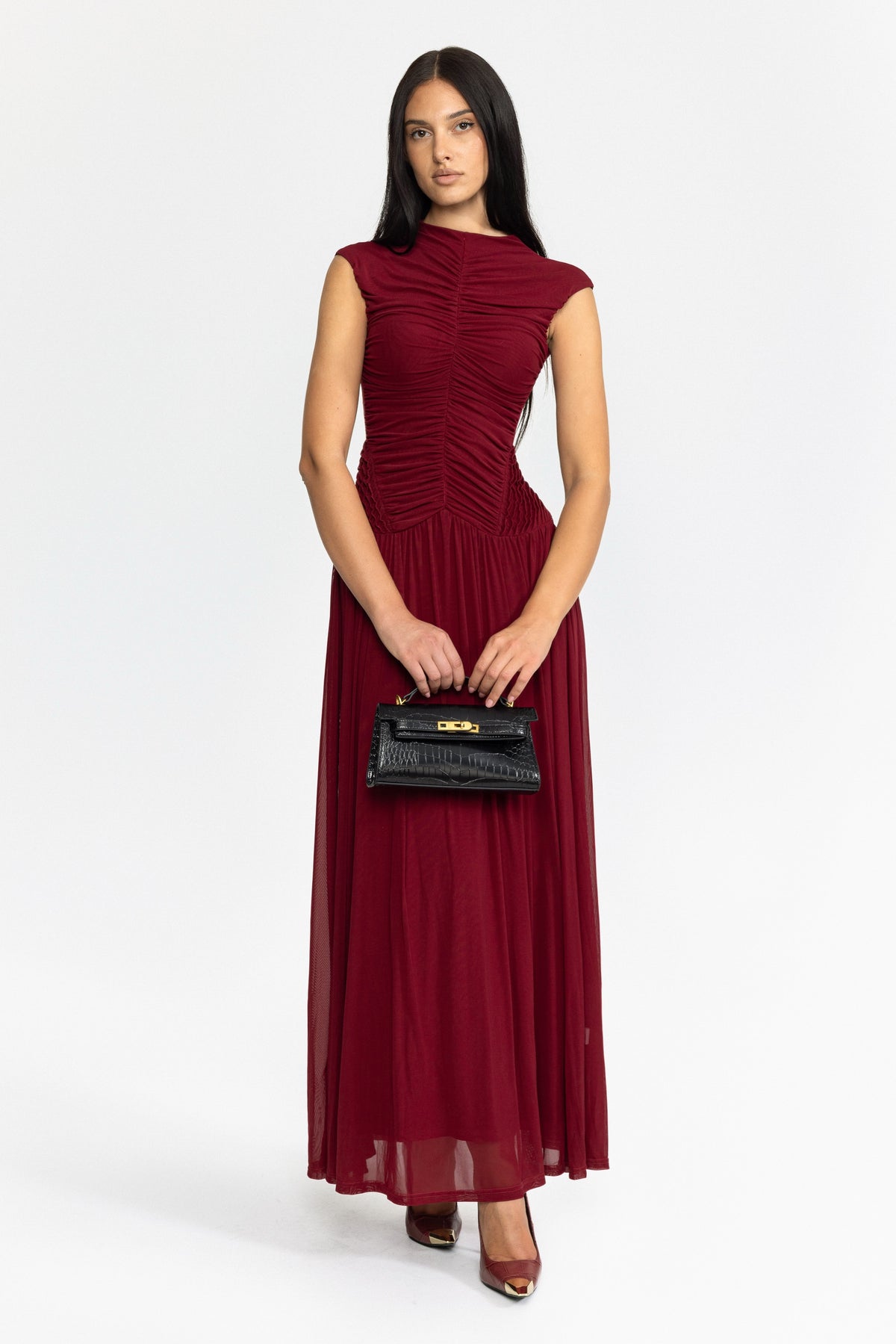 Robe longue taille basse en mesh froncé - Wine