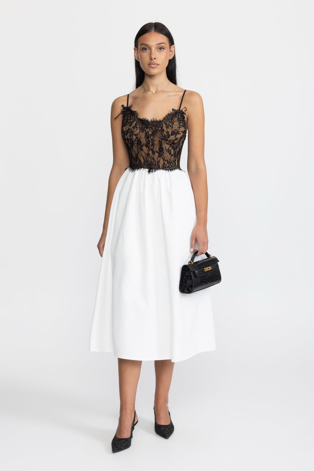 Robe midi en popeline à bustier en dentelle - noir et blanc
