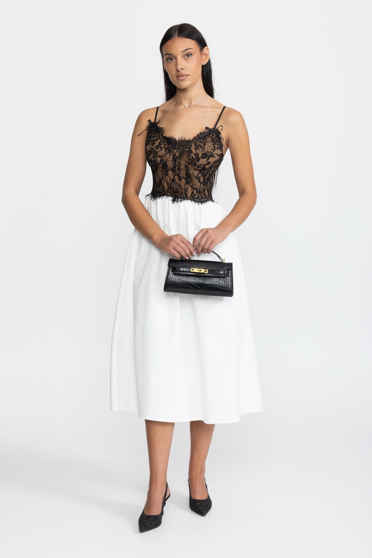 Robe midi en popeline à bustier en dentelle - noir et blanc